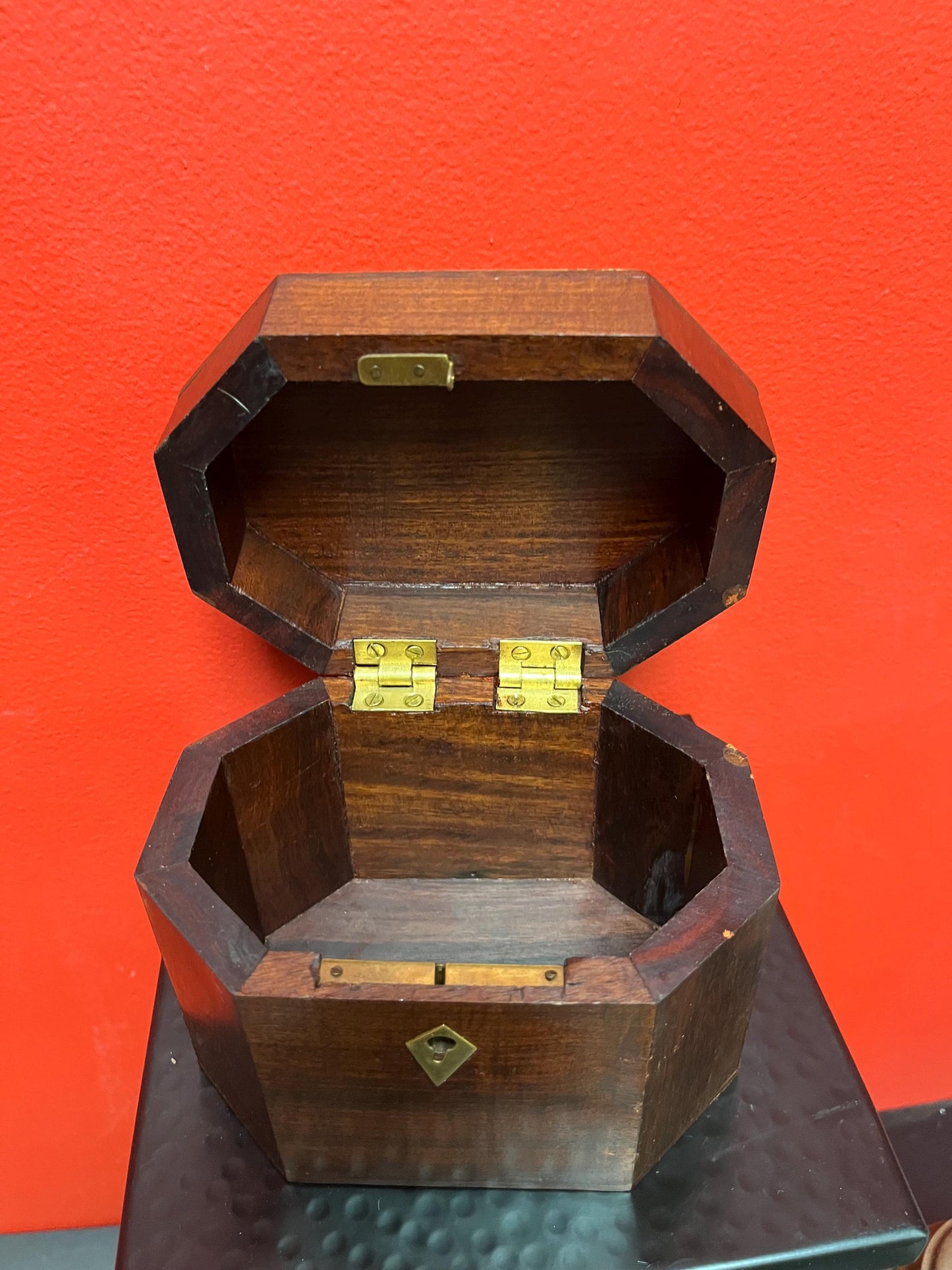 Antique 6 x 4 x 5“ high English coriander, wood and brass tea box or jewellery box   wonderful condition and great gift