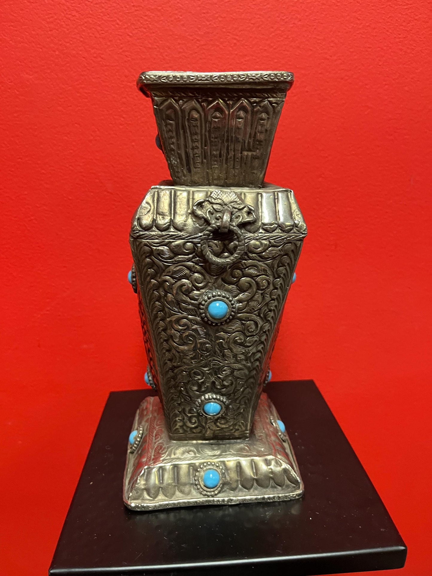 10 inch tall Indo raj silver vase with cartouches  absolutely stunning  untested  wow