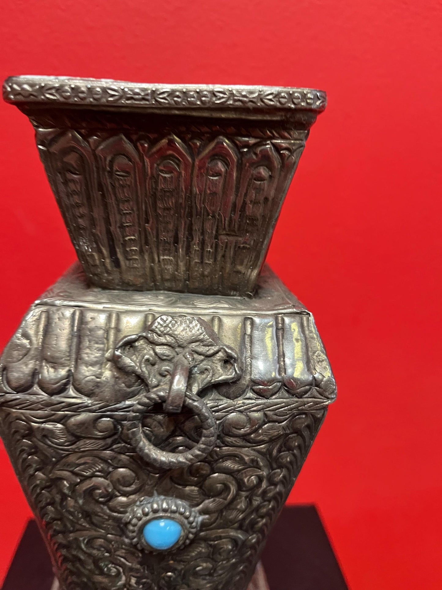 10 inch tall Indo raj silver vase with cartouches  absolutely stunning  untested  wow