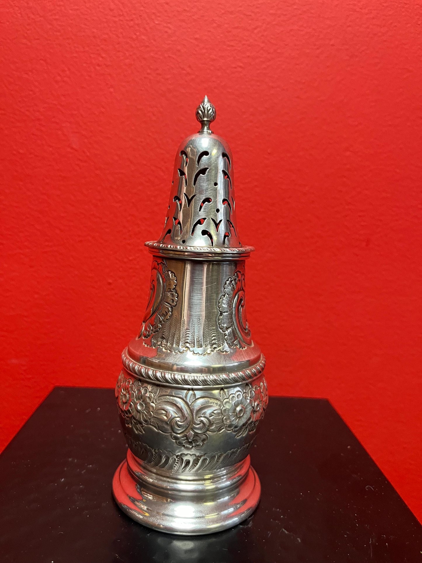 Beautiful English antique 7 inch tall sugar caster with heavy decoration  wonderful condition and ready to gift