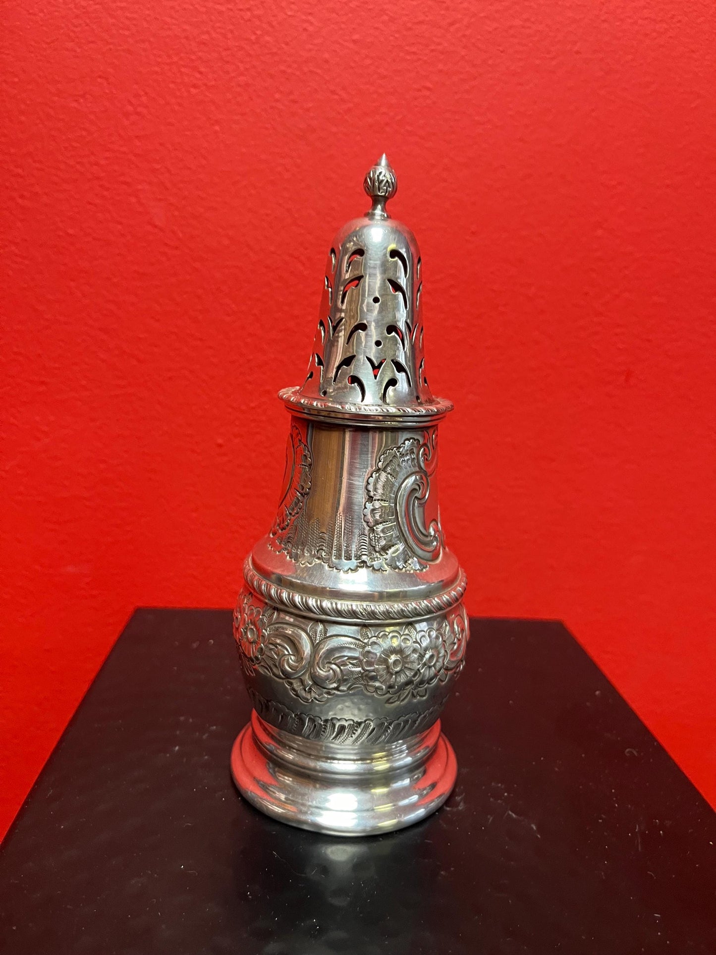 Beautiful English antique 7 inch tall sugar caster with heavy decoration  wonderful condition and ready to gift