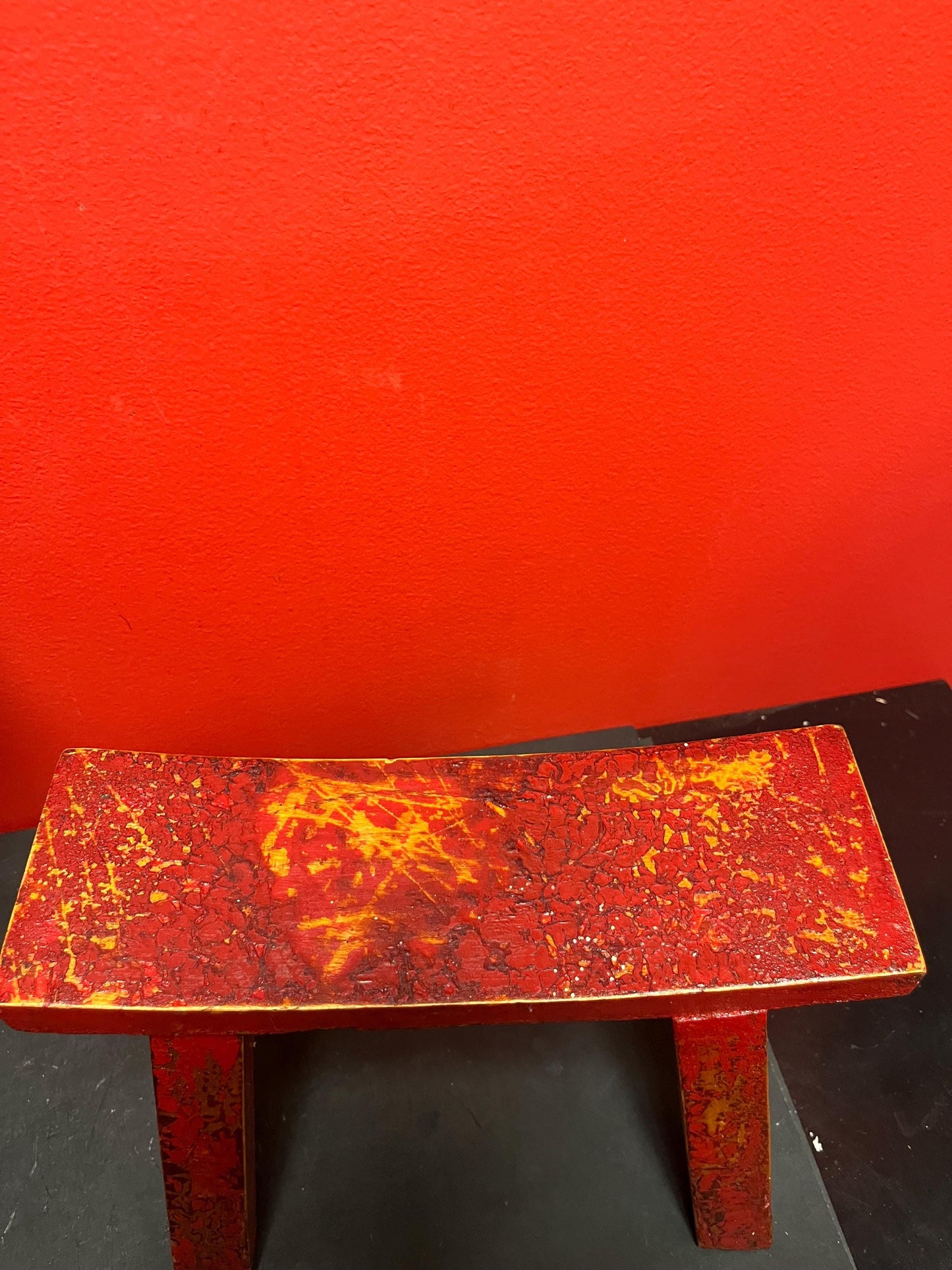 Beautiful antique 11 x 4 x 8 high Chinese red lacquer  stool or headrest  amazing patina
