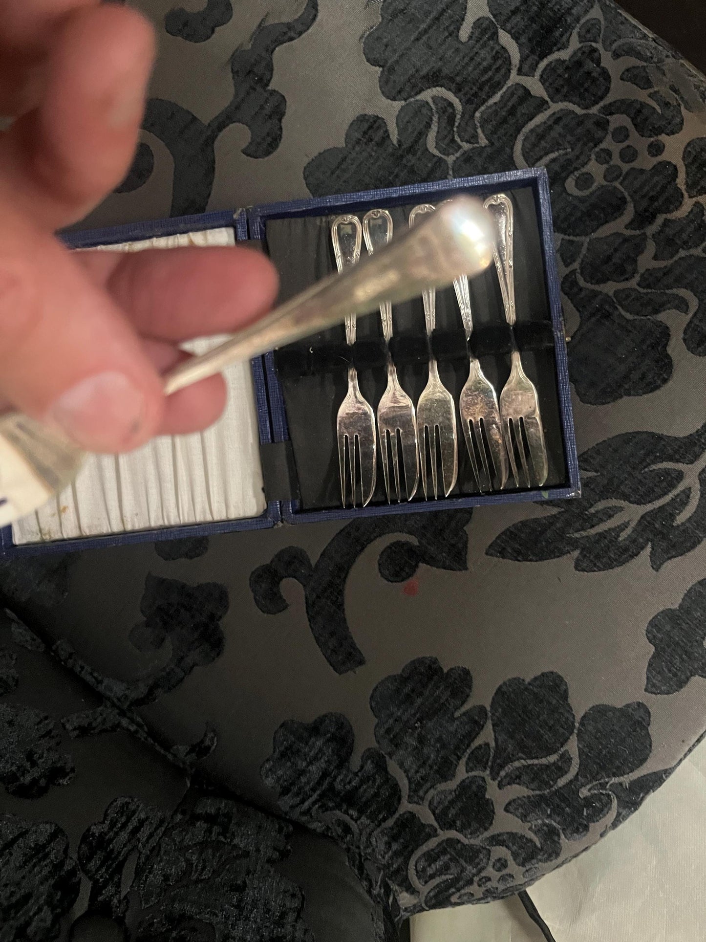 Lovely set of six English silver plated antique snack forks in original box  great gift  value priced