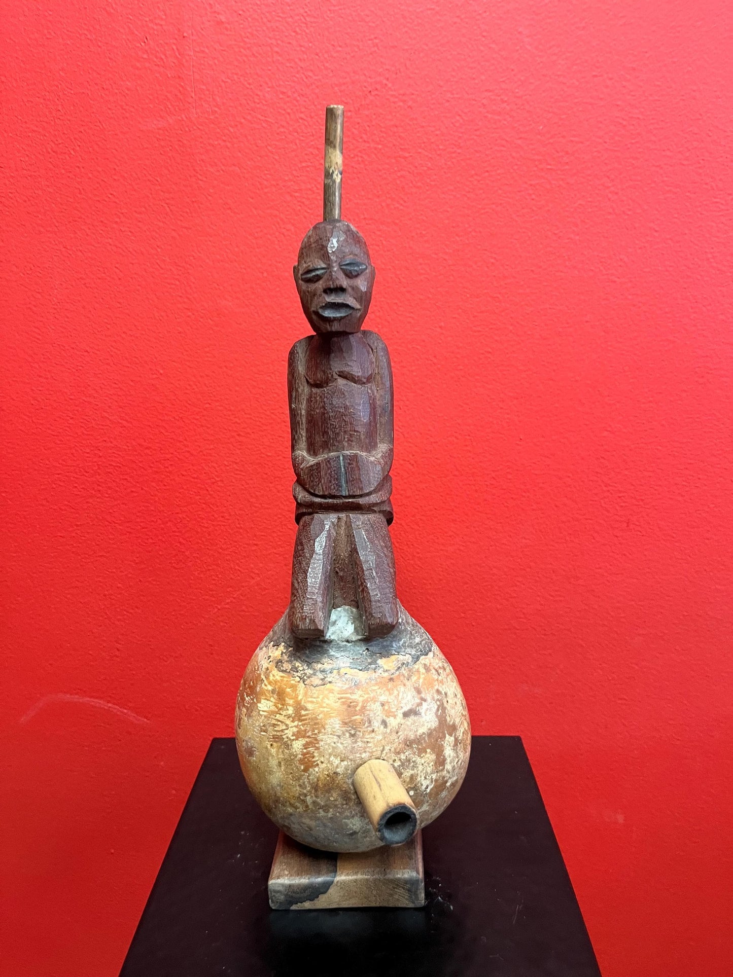 Very cool 14 inch tall African wooden and gourd pipe  unusual imagery and amazing look