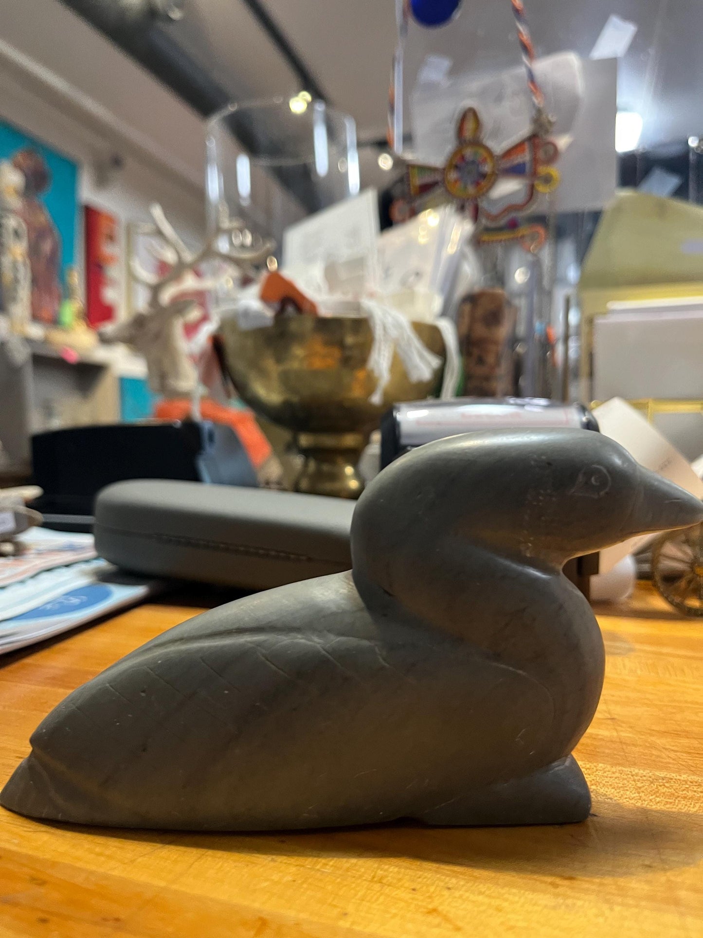 Indigenous Inuit 6 x 3 high soapstone bird  good condition and signed and good value