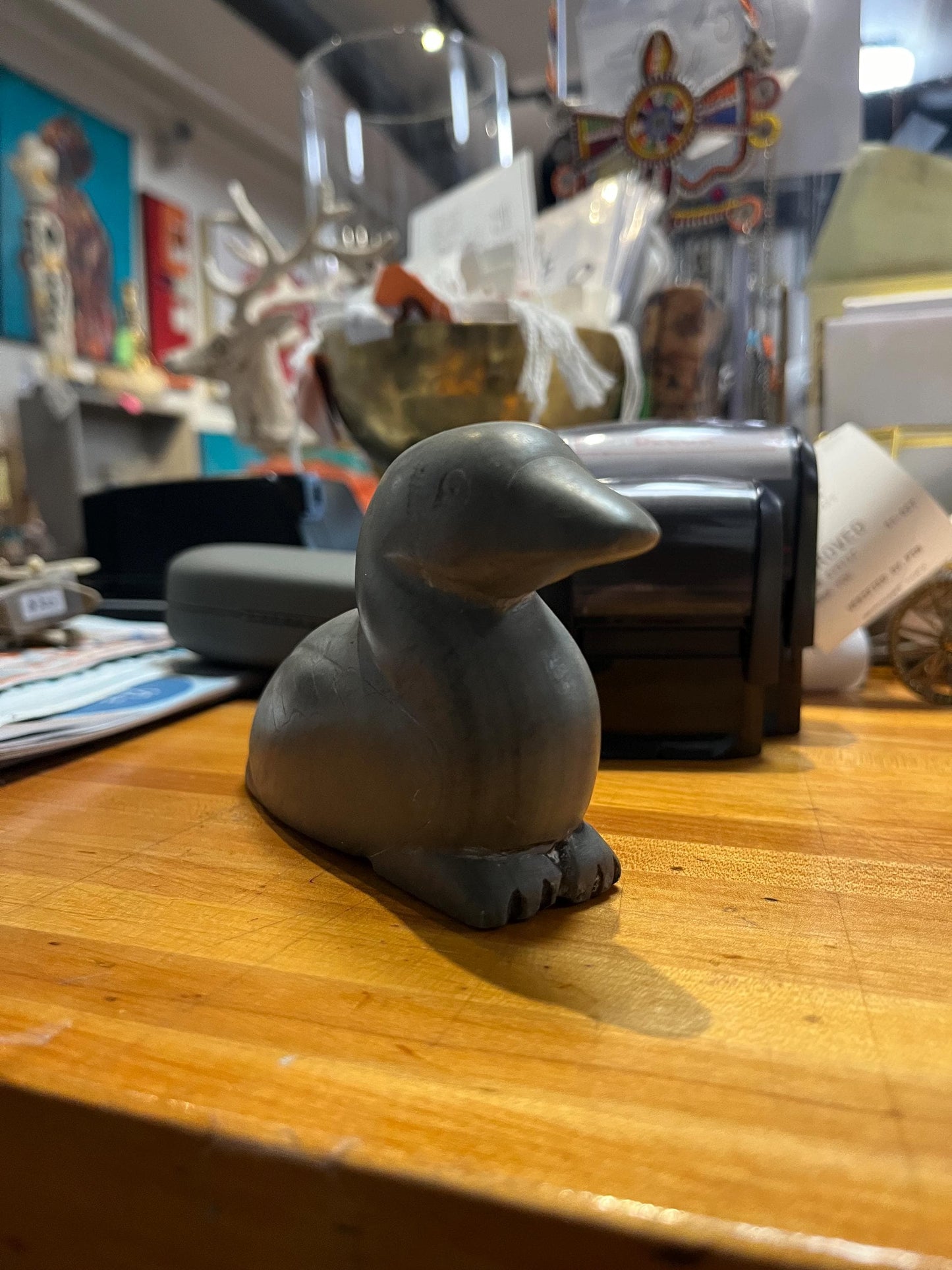 Indigenous Inuit 6 x 3 high soapstone bird  good condition and signed and good value