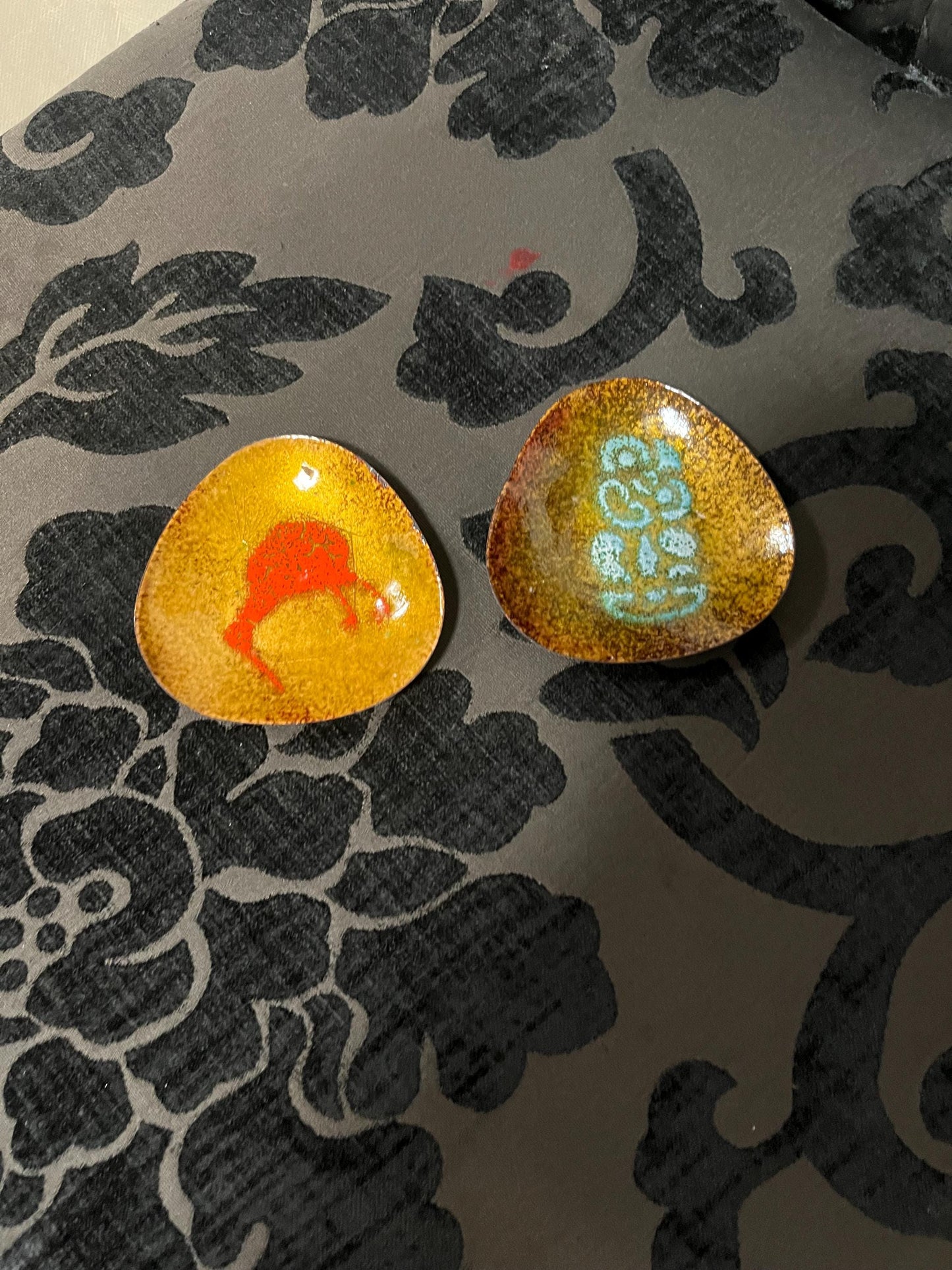 Two beautiful 3 inch enamel and copper vintage dishes