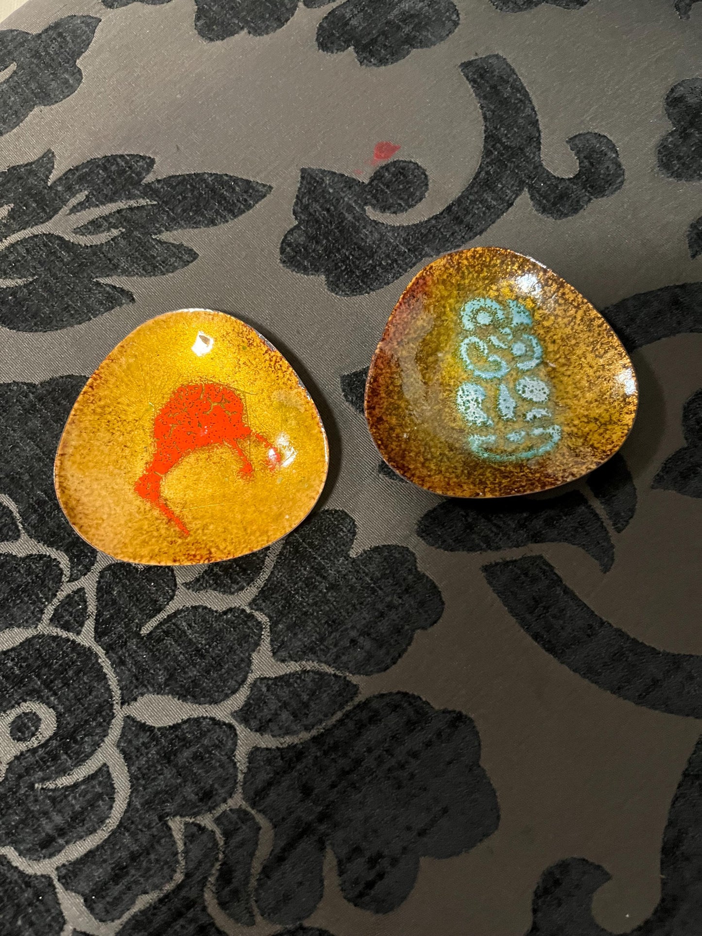 Two beautiful 3 inch enamel and copper vintage dishes