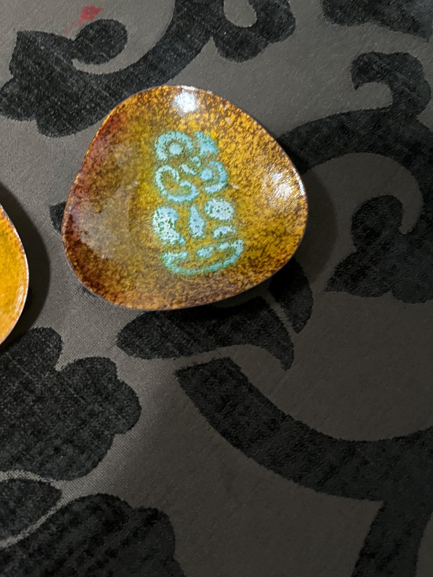 Two beautiful 3 inch enamel and copper vintage dishes