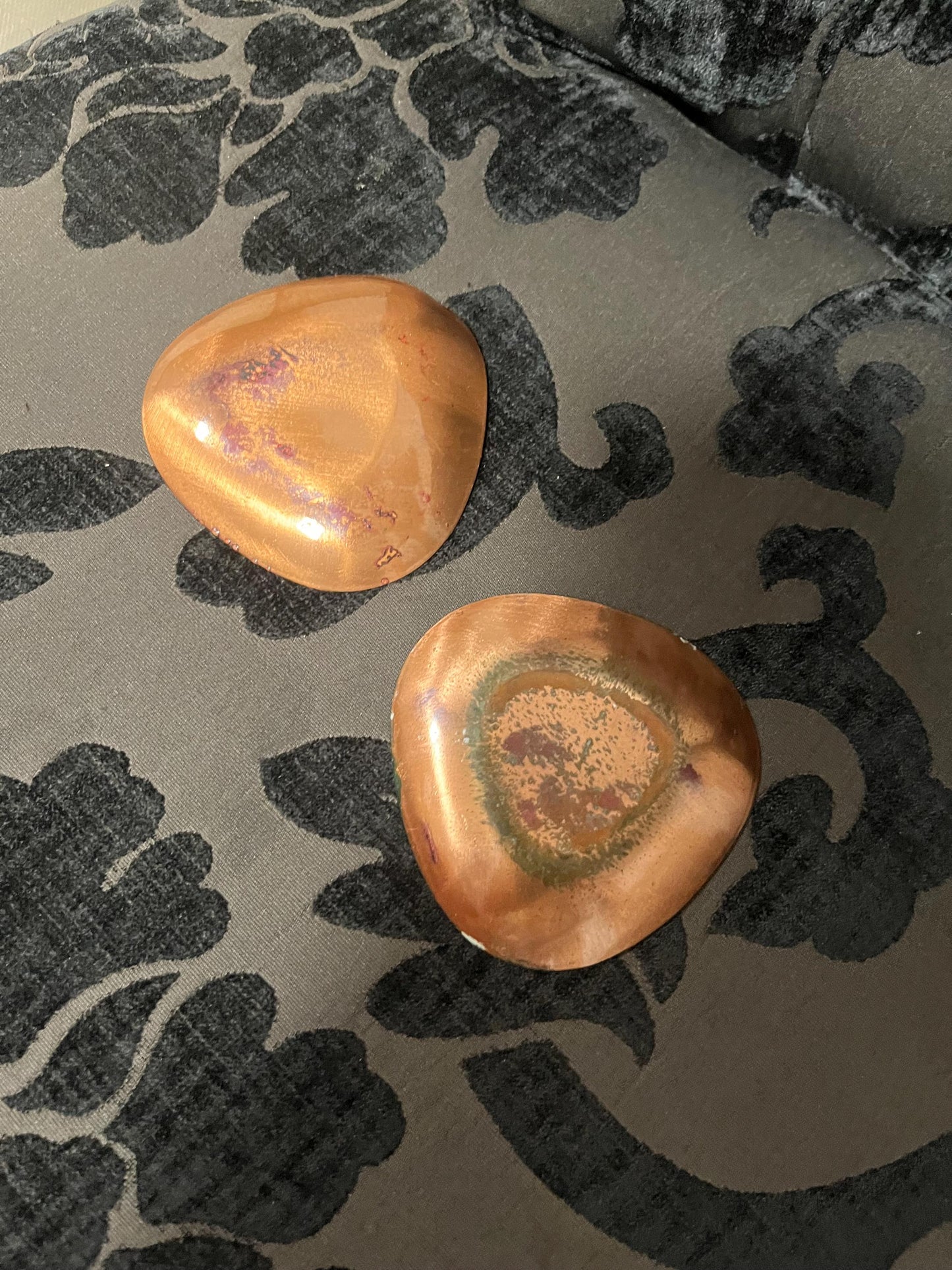 Two beautiful 3 inch enamel and copper vintage dishes