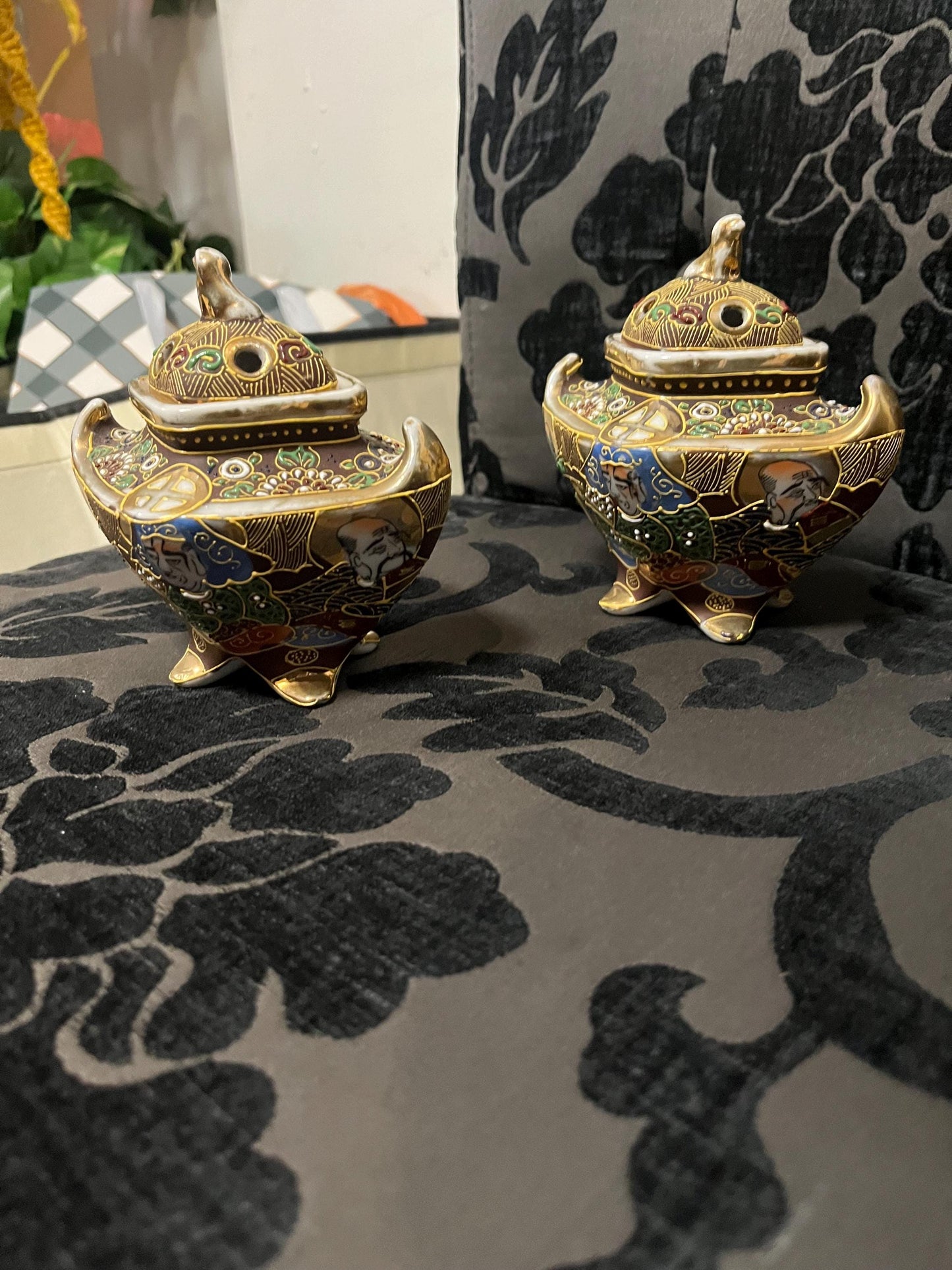 Pair Japanese vintage satsuma lidded pots  5 x 6 inches high  great value