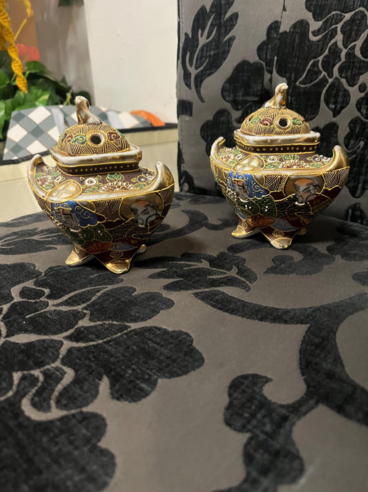 Pair Japanese vintage satsuma lidded pots  5 x 6 inches high  great value