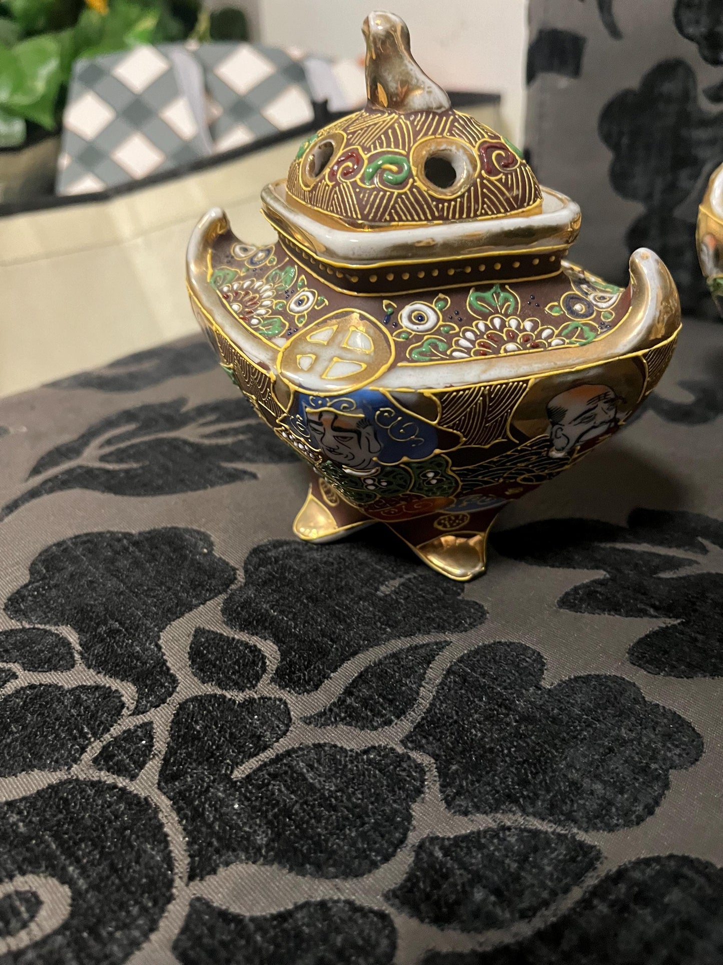 Pair Japanese vintage satsuma lidded pots  5 x 6 inches high  great value