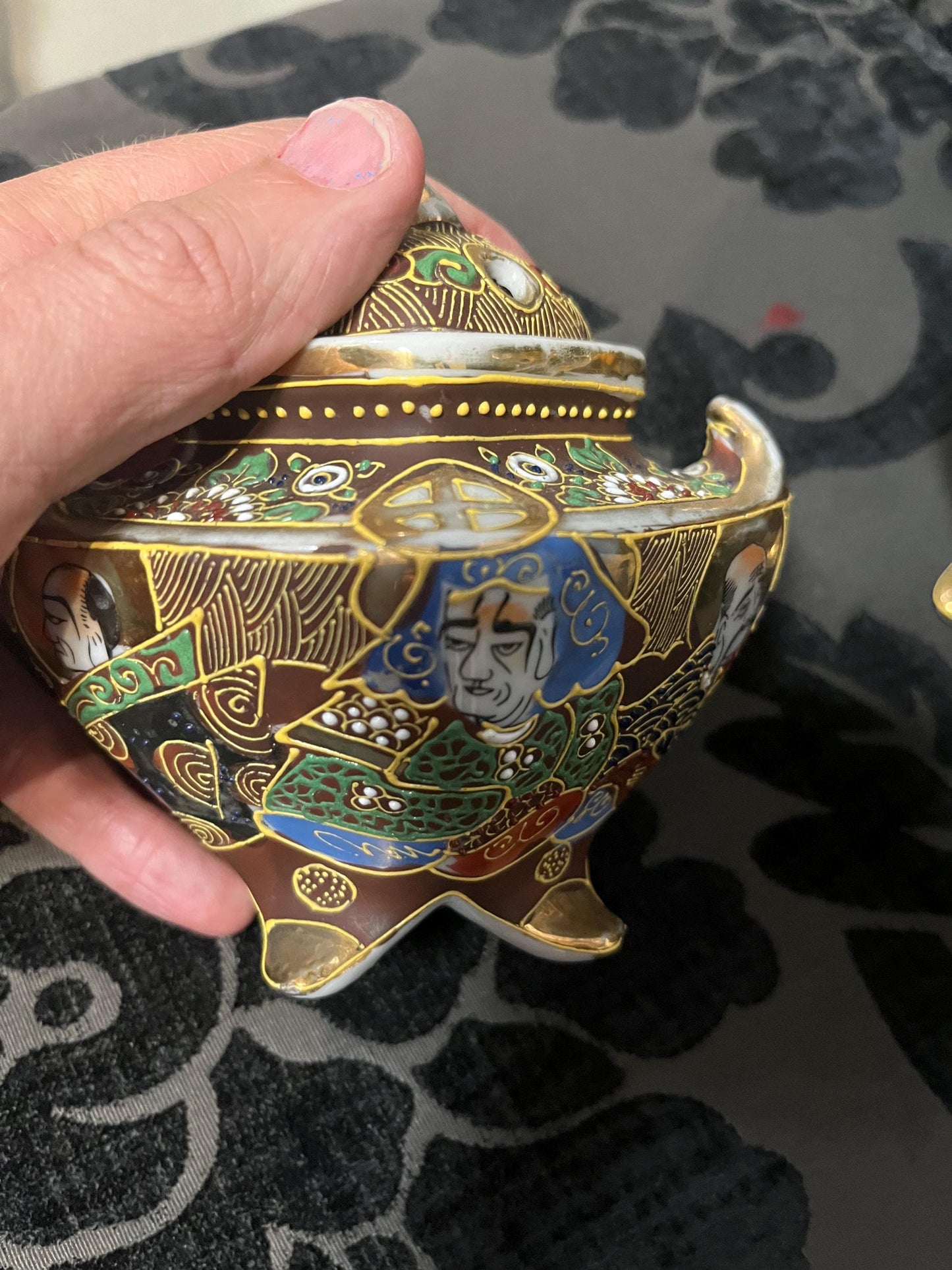 Pair Japanese vintage satsuma lidded pots  5 x 6 inches high  great value