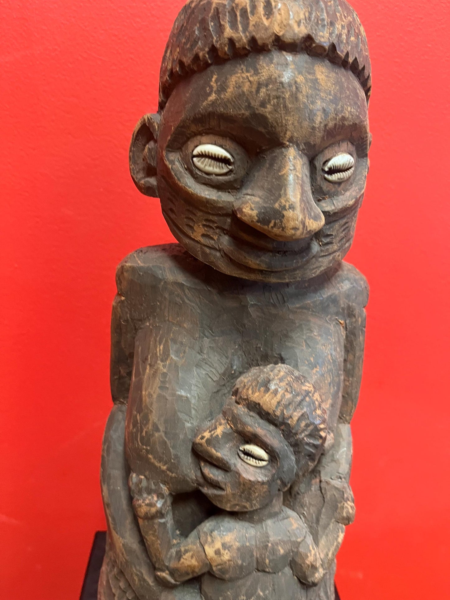 Super West African 16 inch wood statue of a mother feeding her son   shell eyes  amazing patina and imagery antique heavy African beauty