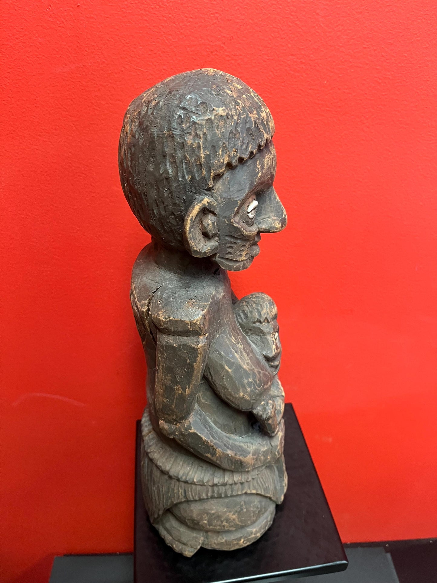 Super West African 16 inch wood statue of a mother feeding her son   shell eyes  amazing patina and imagery antique heavy African beauty