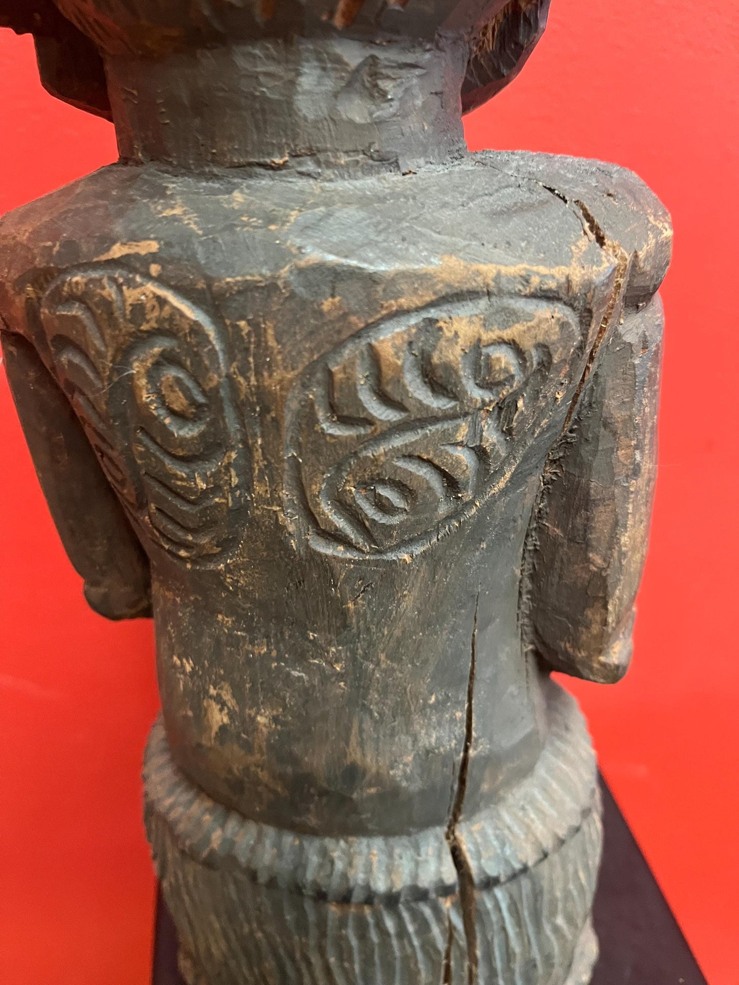 Super West African 16 inch wood statue of a mother feeding her son   shell eyes  amazing patina and imagery antique heavy African beauty