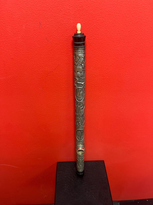 Amazing Tibetan silver antique 20 inch long pipe  crazy cool graphics  authentic eastern piece  wow