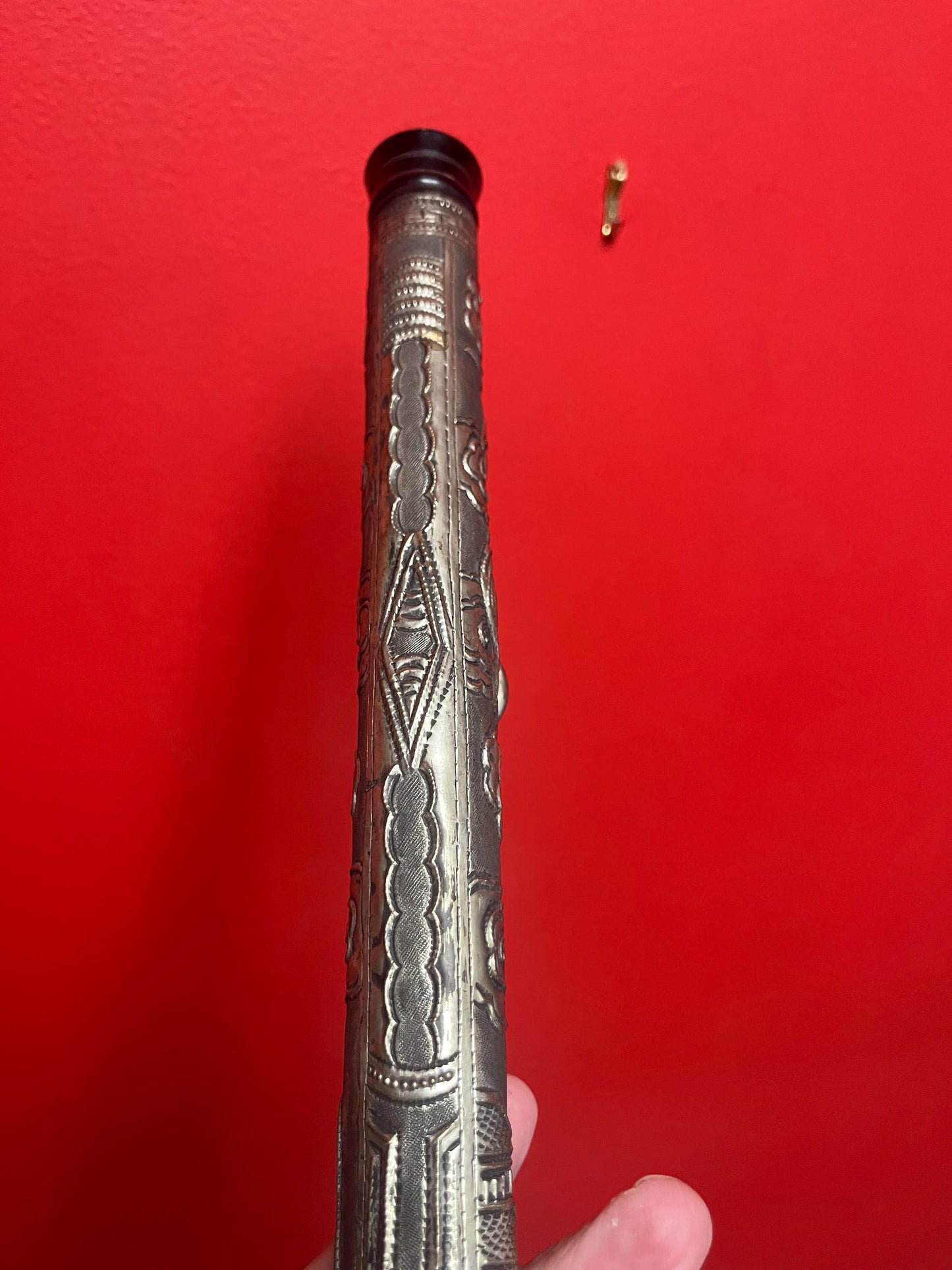 Amazing Tibetan silver antique 20 inch long pipe  crazy cool graphics  authentic eastern piece  wow