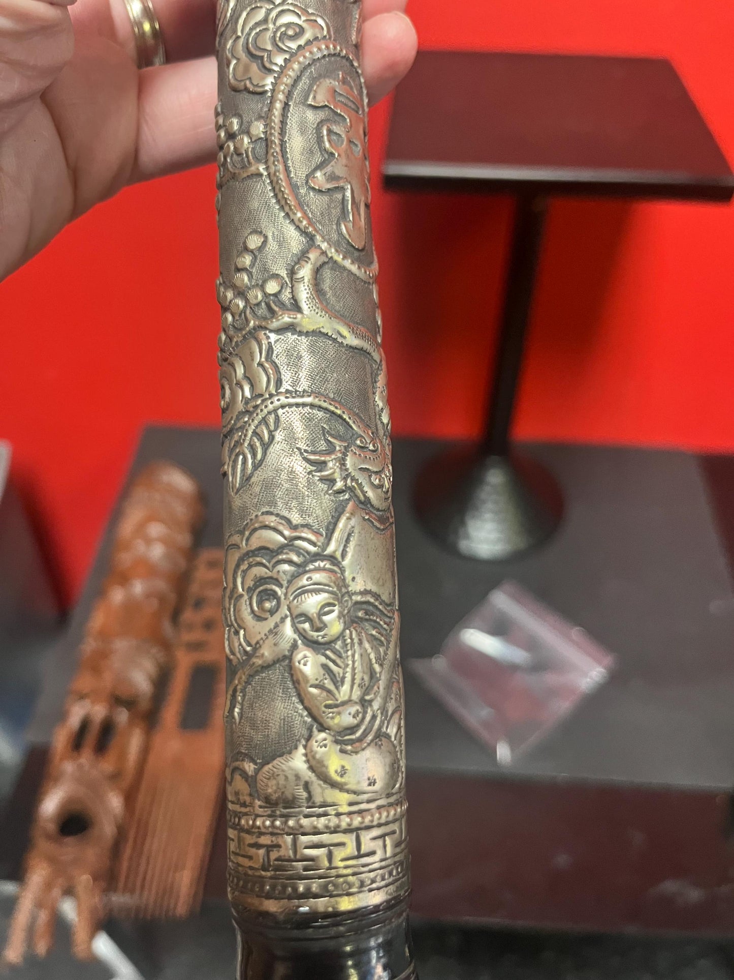 Amazing Tibetan silver antique 20 inch long pipe  crazy cool graphics  authentic eastern piece  wow