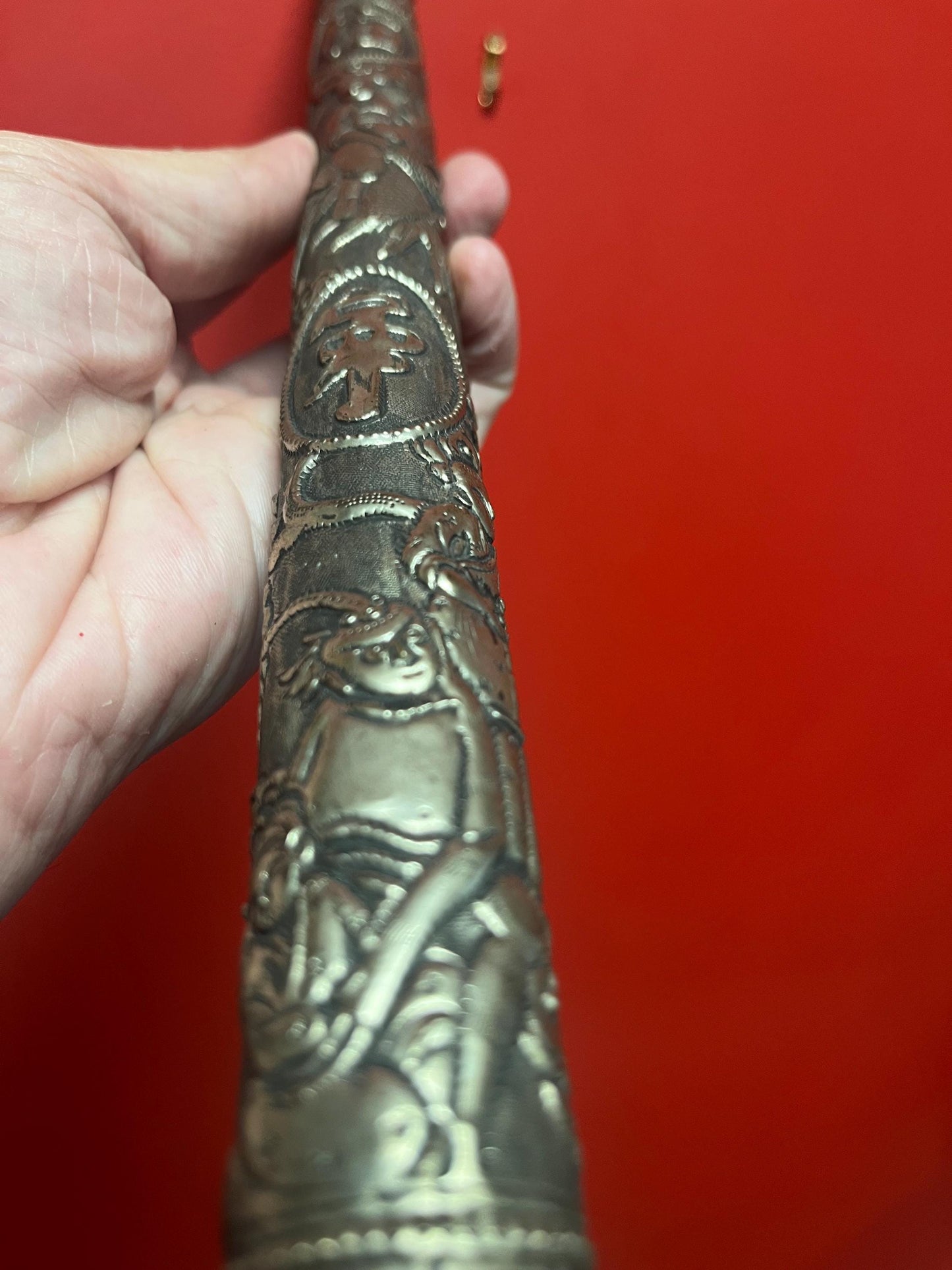 Amazing Tibetan silver antique 20 inch long pipe  crazy cool graphics  authentic eastern piece  wow