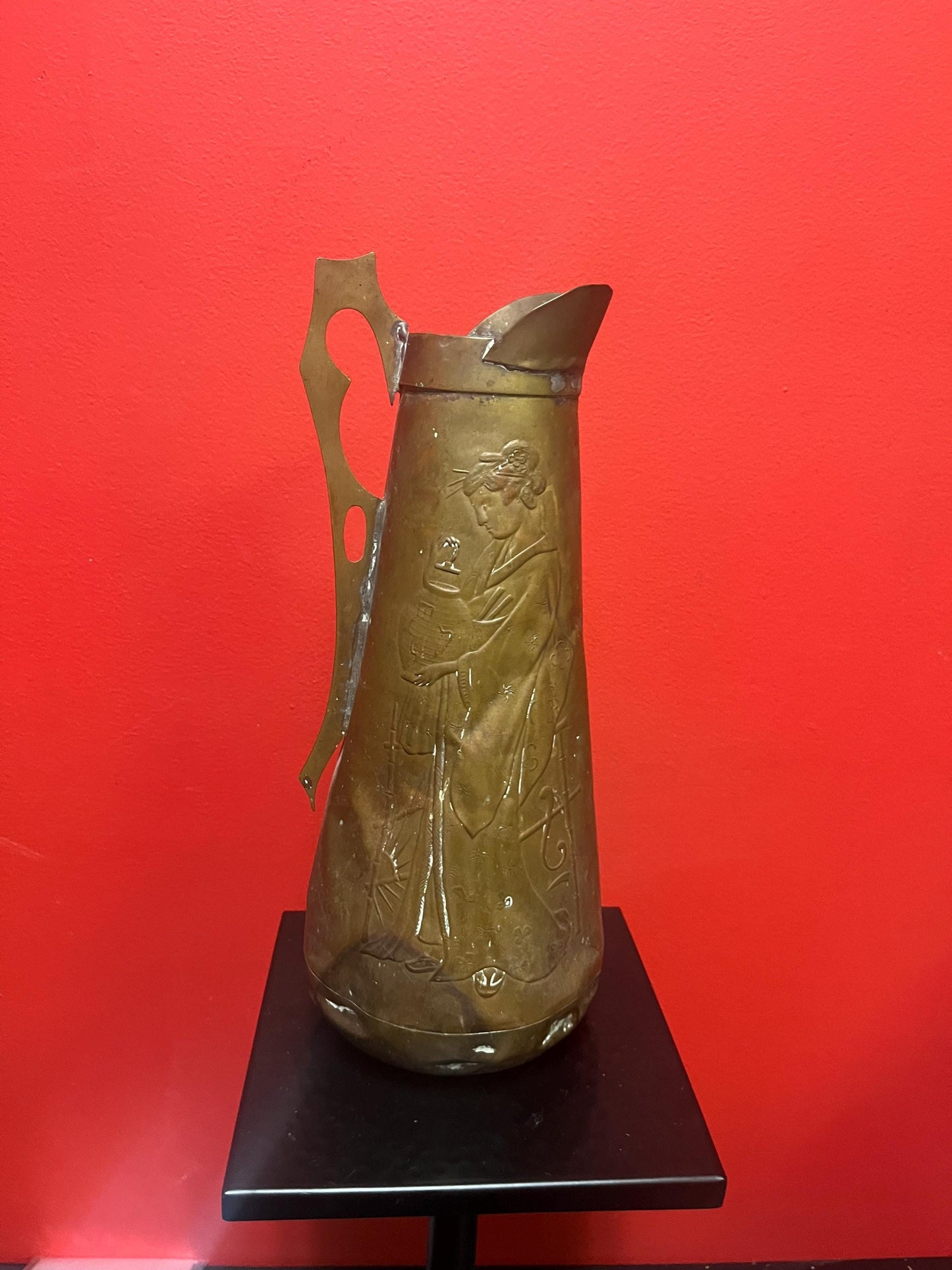 Beautiful antique 13 inch tall art nouveau pitcher depicting a beautiful lady little rough condition but seems to hold water- great decor