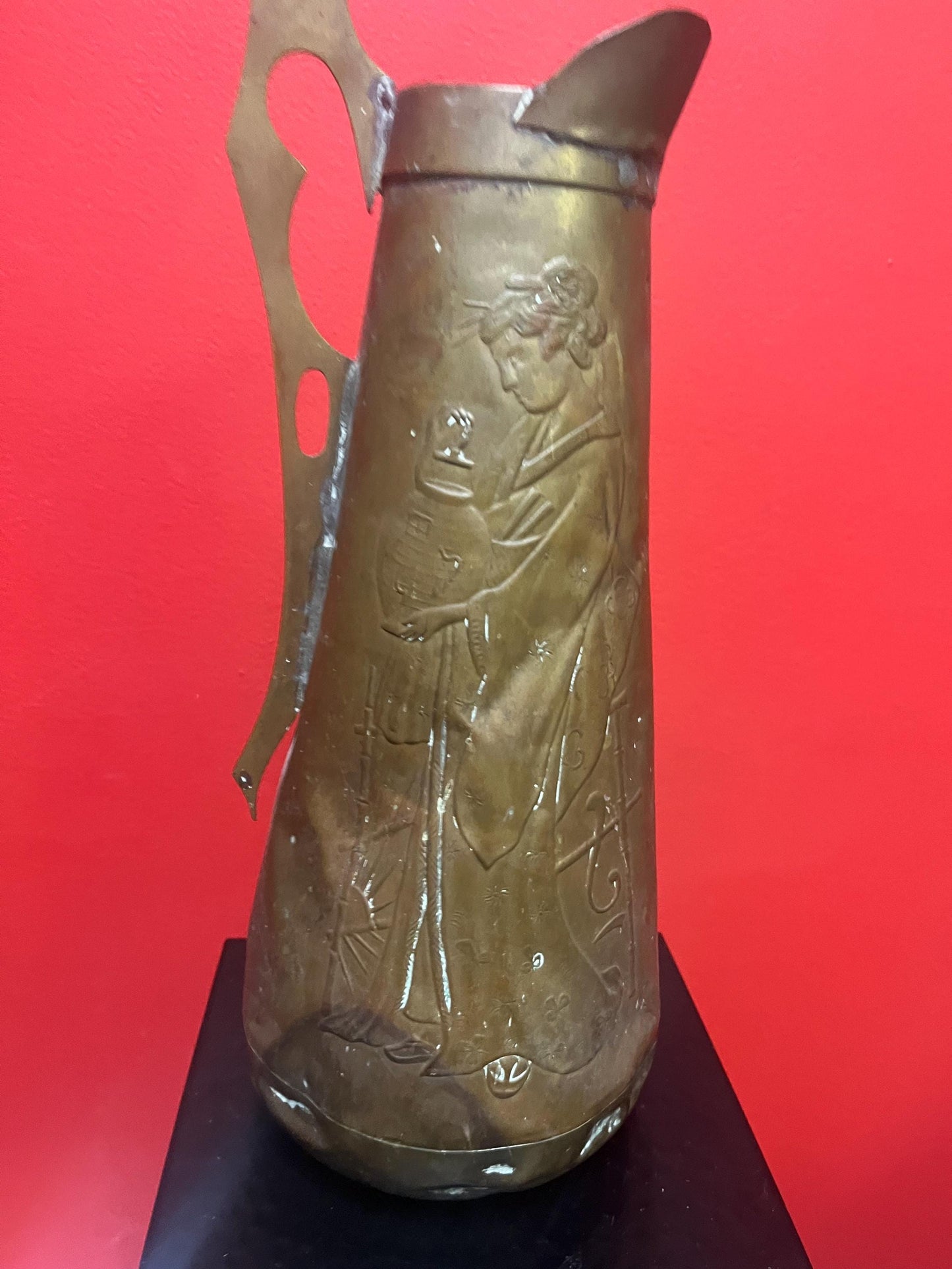 Beautiful antique 13 inch tall art nouveau pitcher depicting a beautiful lady little rough condition but seems to hold water- great decor