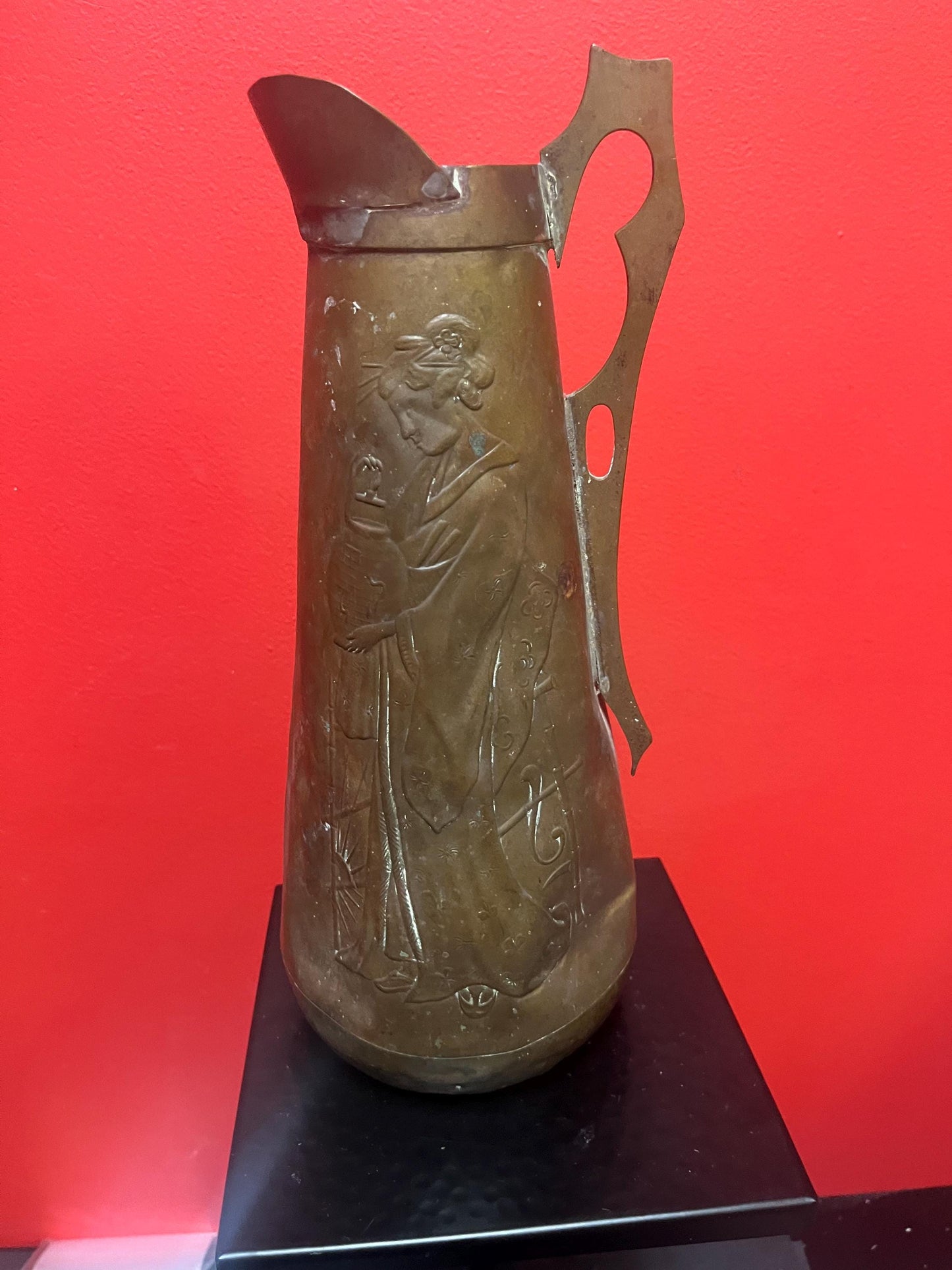 Beautiful antique 13 inch tall art nouveau pitcher depicting a beautiful lady little rough condition but seems to hold water- great decor