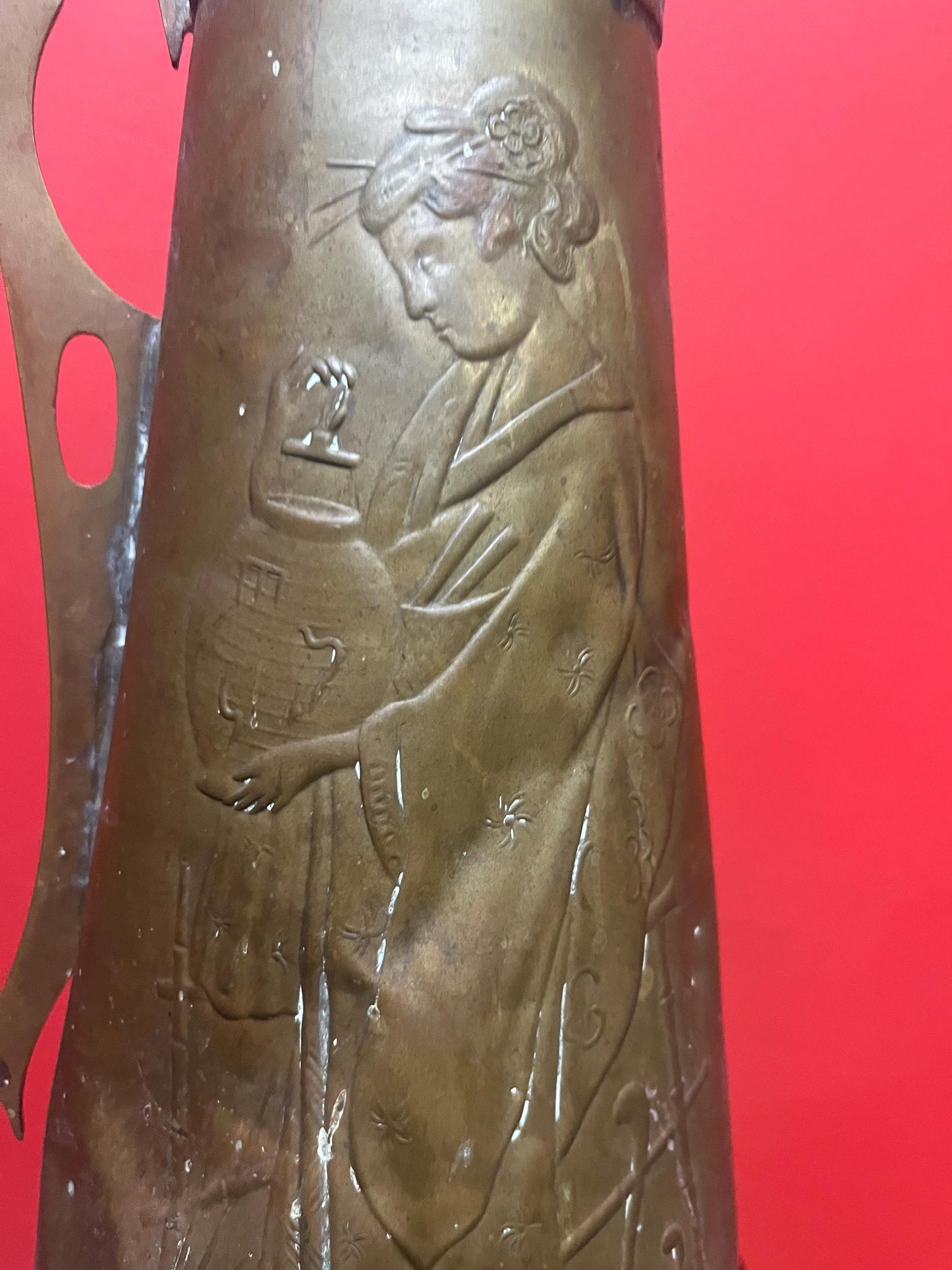 Beautiful antique 13 inch tall art nouveau pitcher depicting a beautiful lady little rough condition but seems to hold water- great decor