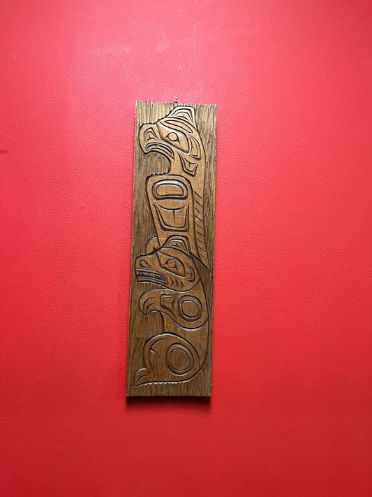 Beautiful 17 x 6 indigenous first nations Pacific northwest Coast Eagle bear transformation plaque in Cedar   ready to hang