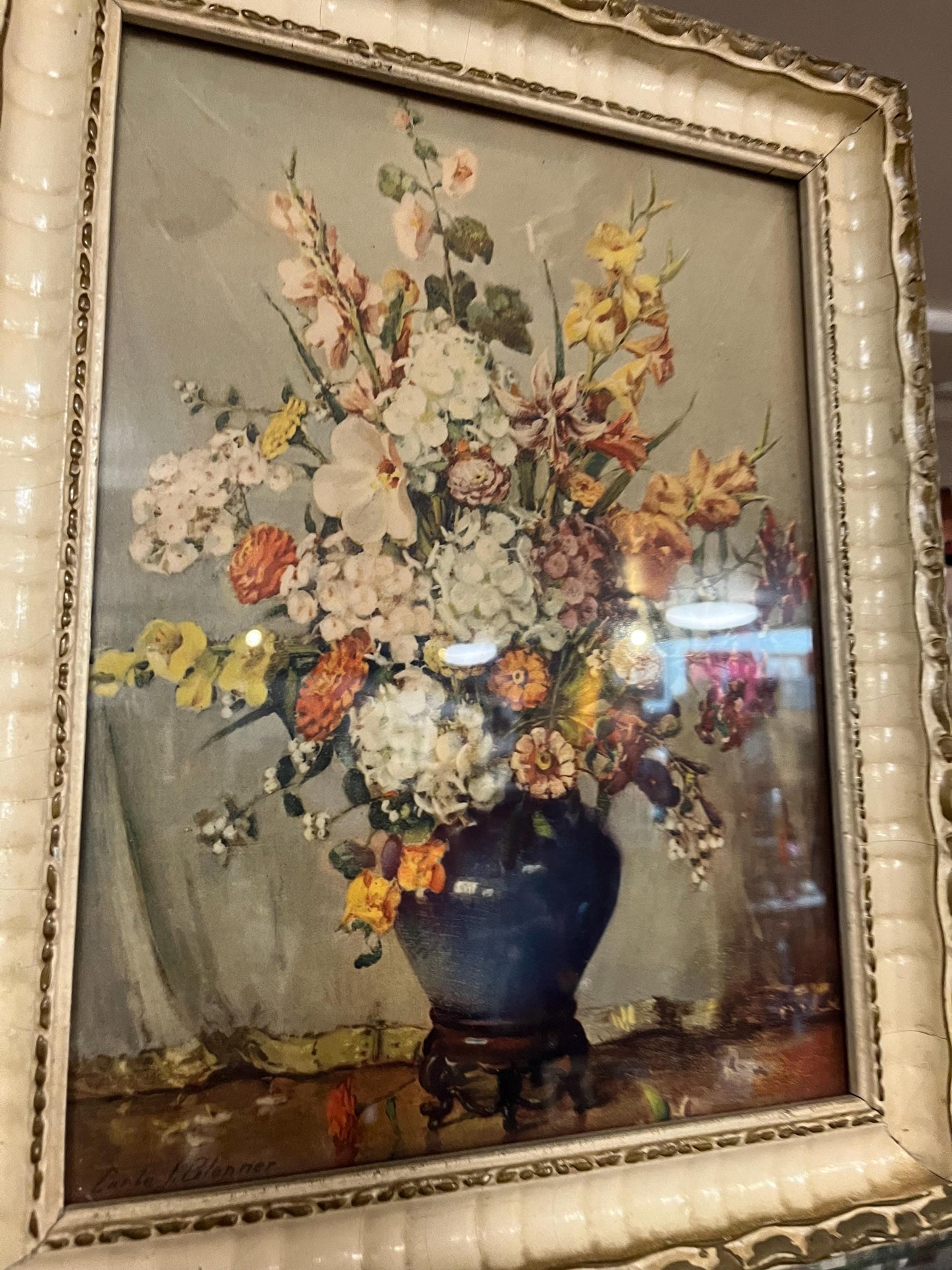 Lovely 14 x 12 vintage signed  print in frame  floral delight
