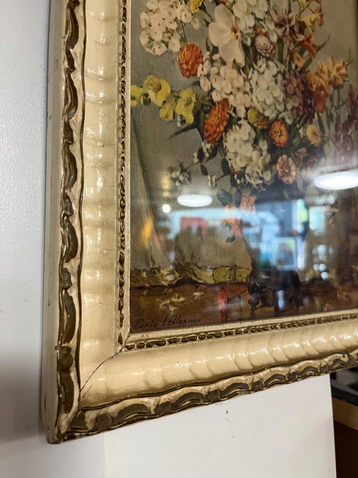 Lovely 14 x 12 vintage signed  print in frame  floral delight