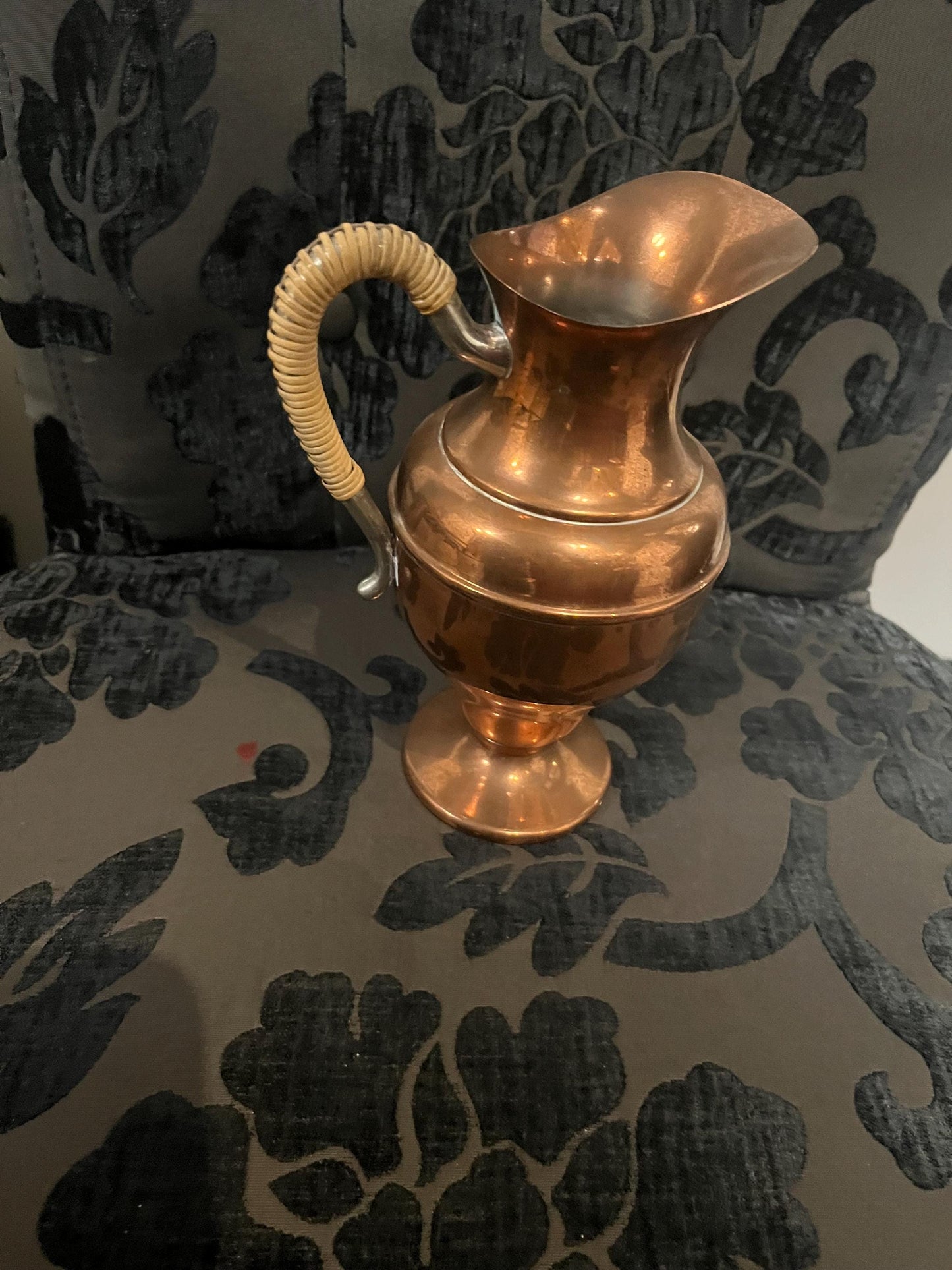 9 inch high old Flemish Copper jug with rattan handle  great condition  great gift