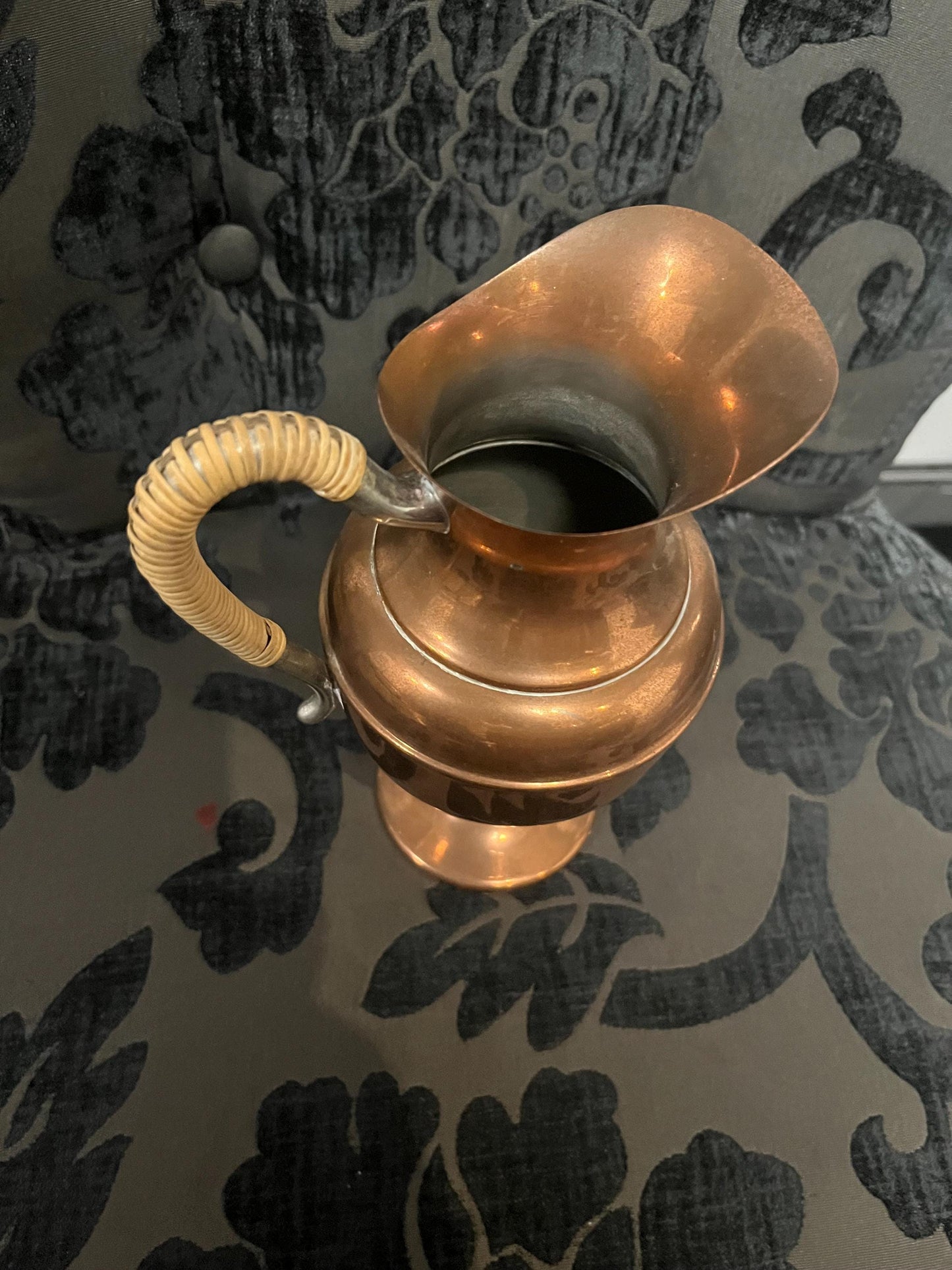 9 inch high old Flemish Copper jug with rattan handle  great condition  great gift