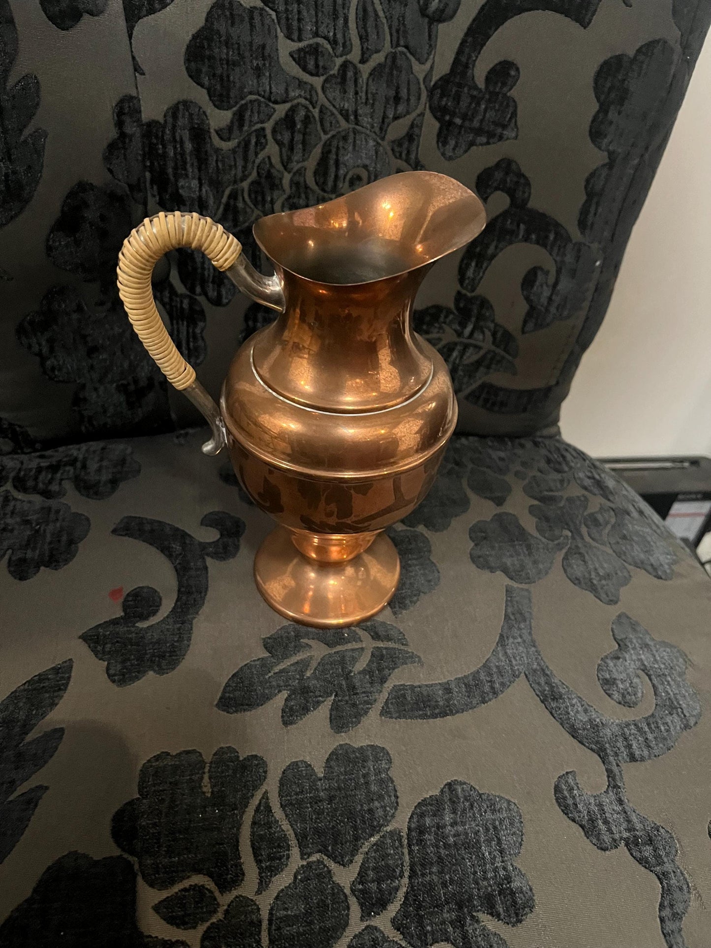 9 inch high old Flemish Copper jug with rattan handle  great condition  great gift