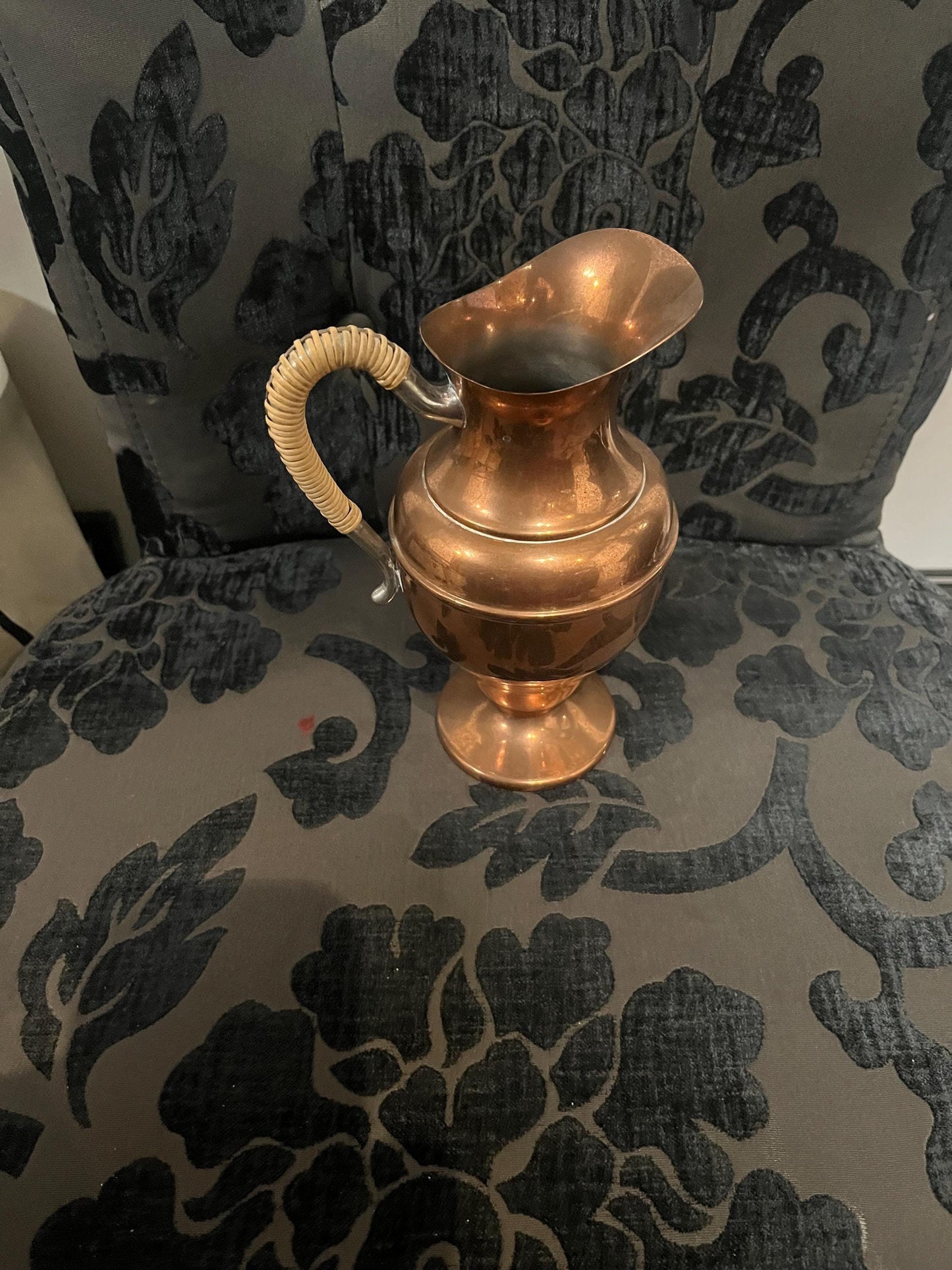 9 inch high old Flemish Copper jug with rattan handle  great condition  great gift