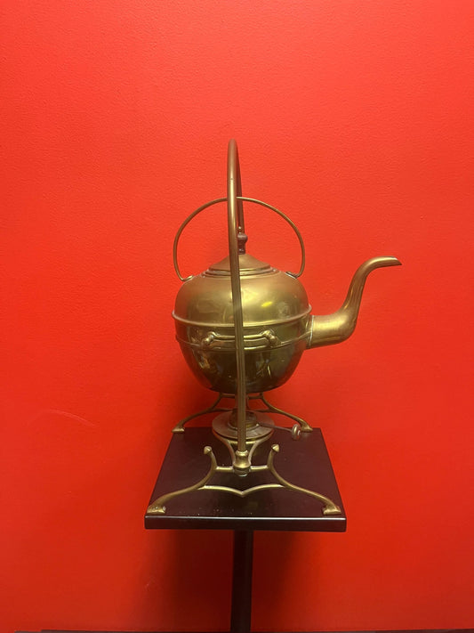 Beautiful antique 15 inch tall brass teapot on stand   couple of dents and great patina  art nouveau  beauty- wow