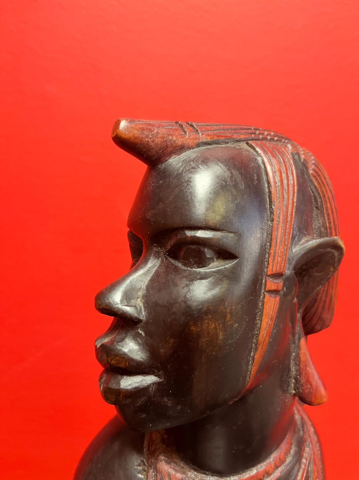 8 inch tall African ebony carved statue of a Masai warrior   wonderful patina and  detail  heavy and beautiful example