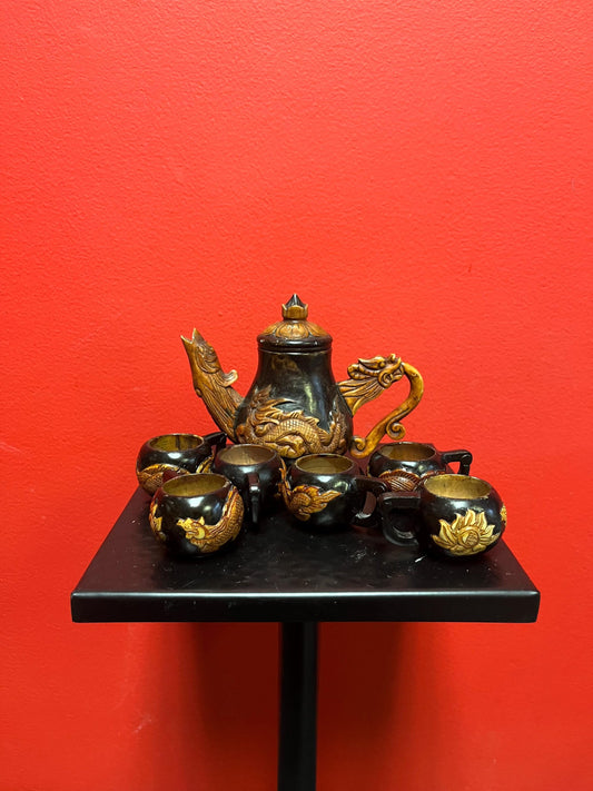 Lovely vintage Chinese stone tea set  teapot 5 inches tall  all signed  great condition