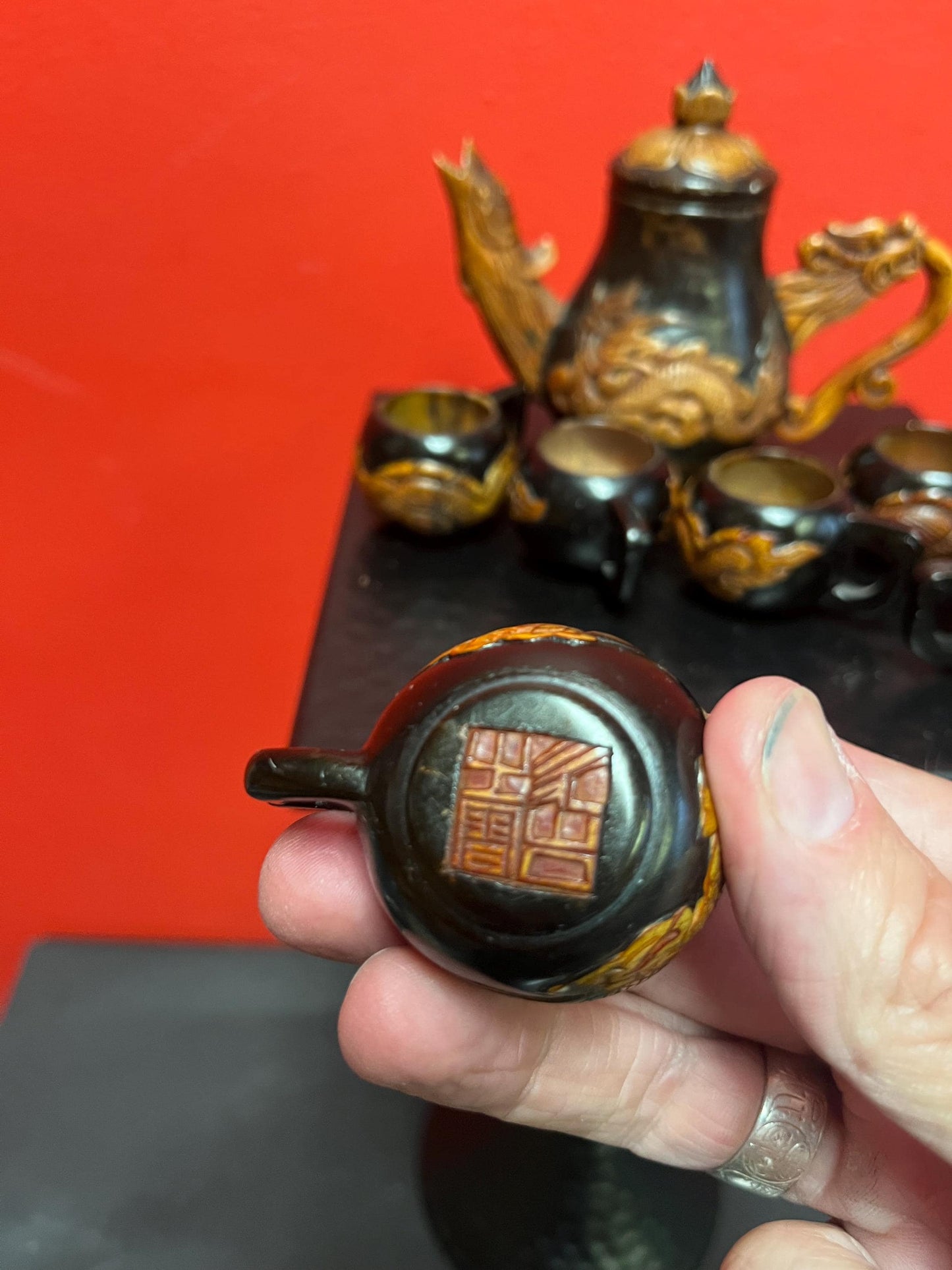 Lovely vintage Chinese stone tea set  teapot 5 inches tall  all signed  great condition