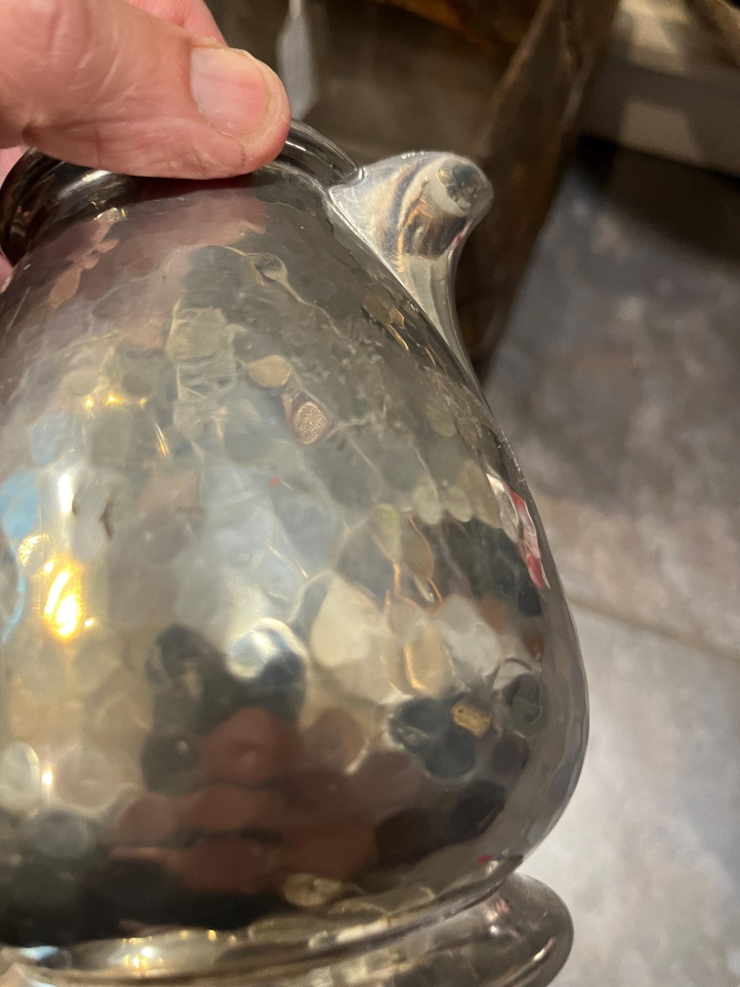 Beautiful signed English hammer pewter hot water jug  good value - 8 inches tall