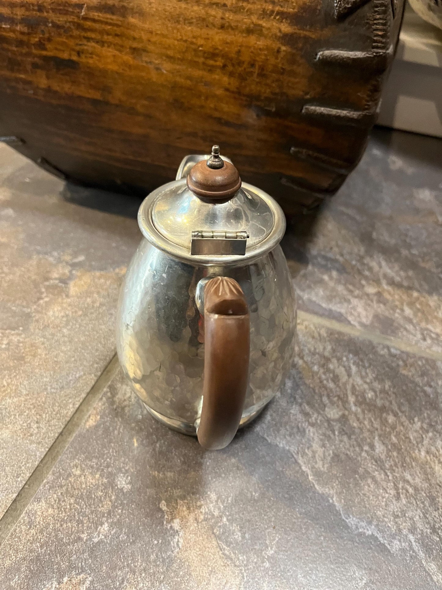 Beautiful signed English hammer pewter hot water jug  good value - 8 inches tall