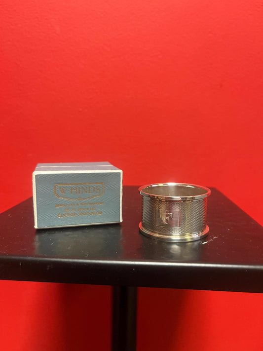 Lovely antique English hallmarked napkin ring with engine turning in original box monogrammed F 4 matching available  all mint condition