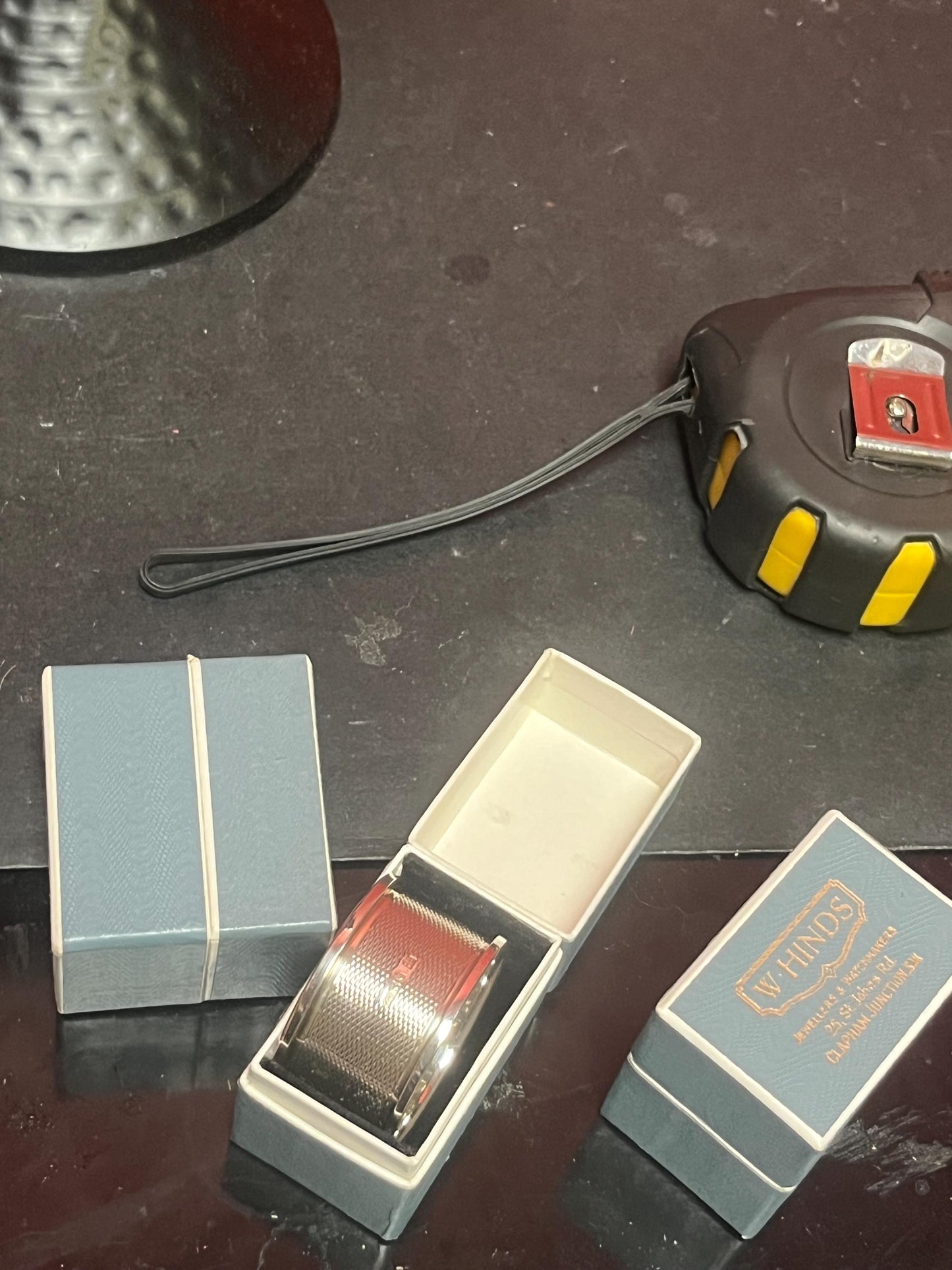 Lovely antique English hallmarked napkin ring with engine turning in original box monogrammed F 4 matching available  all mint condition