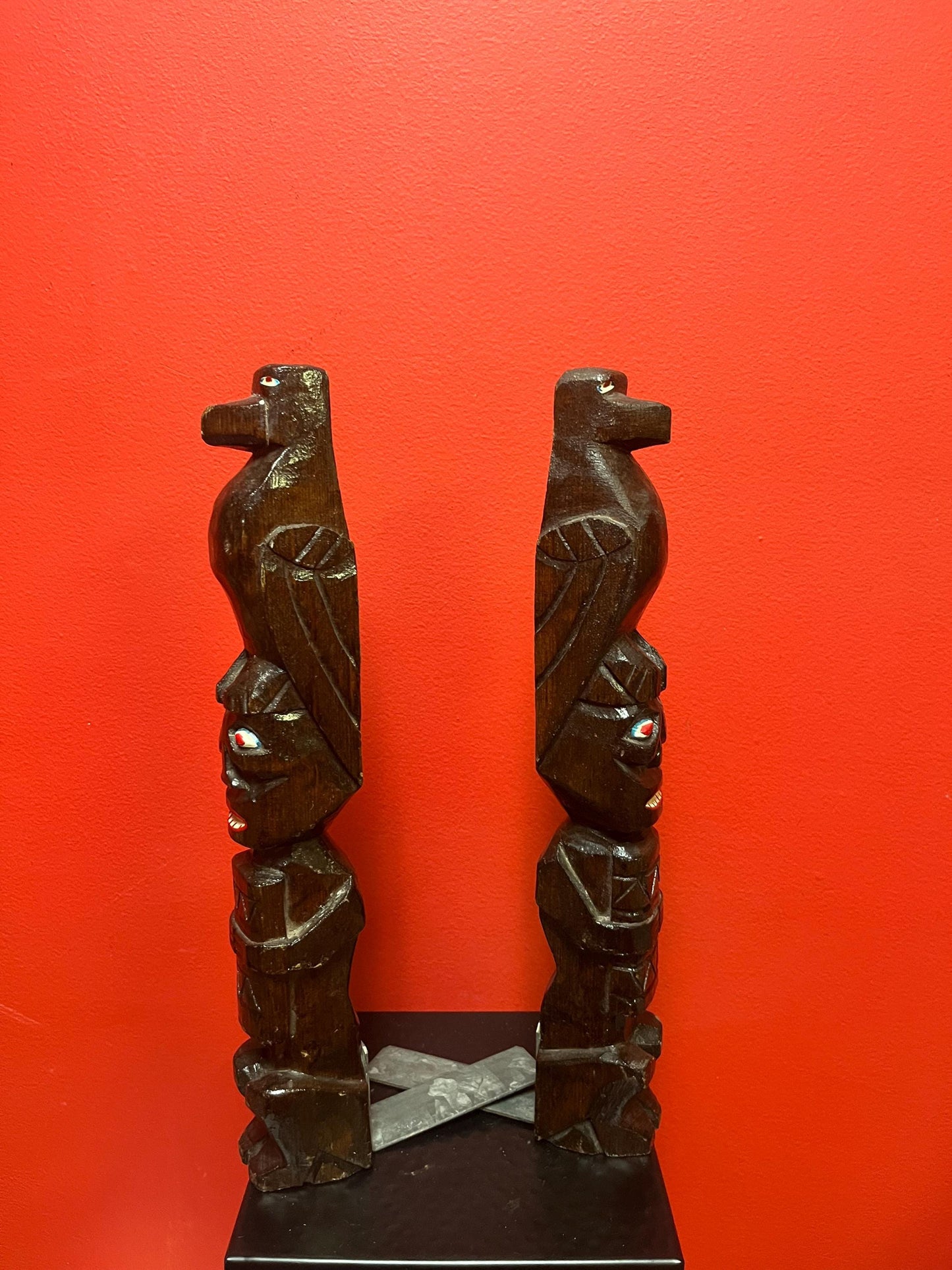 14 inch tall wooden totem bookends  Canadian indigenous wooden and painted beauties