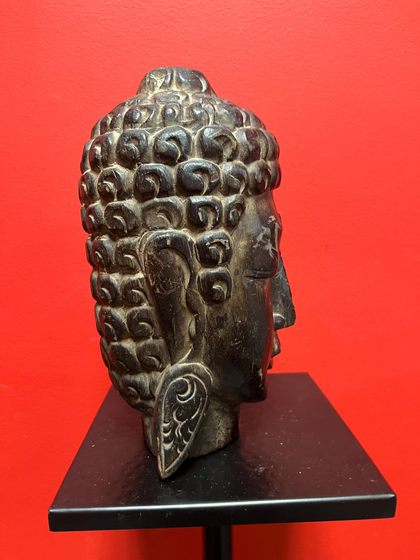 Beautiful Asian wooden 10 inch high Buddha head with serene facial look   nice quality and great value  perfect gift - 640 g