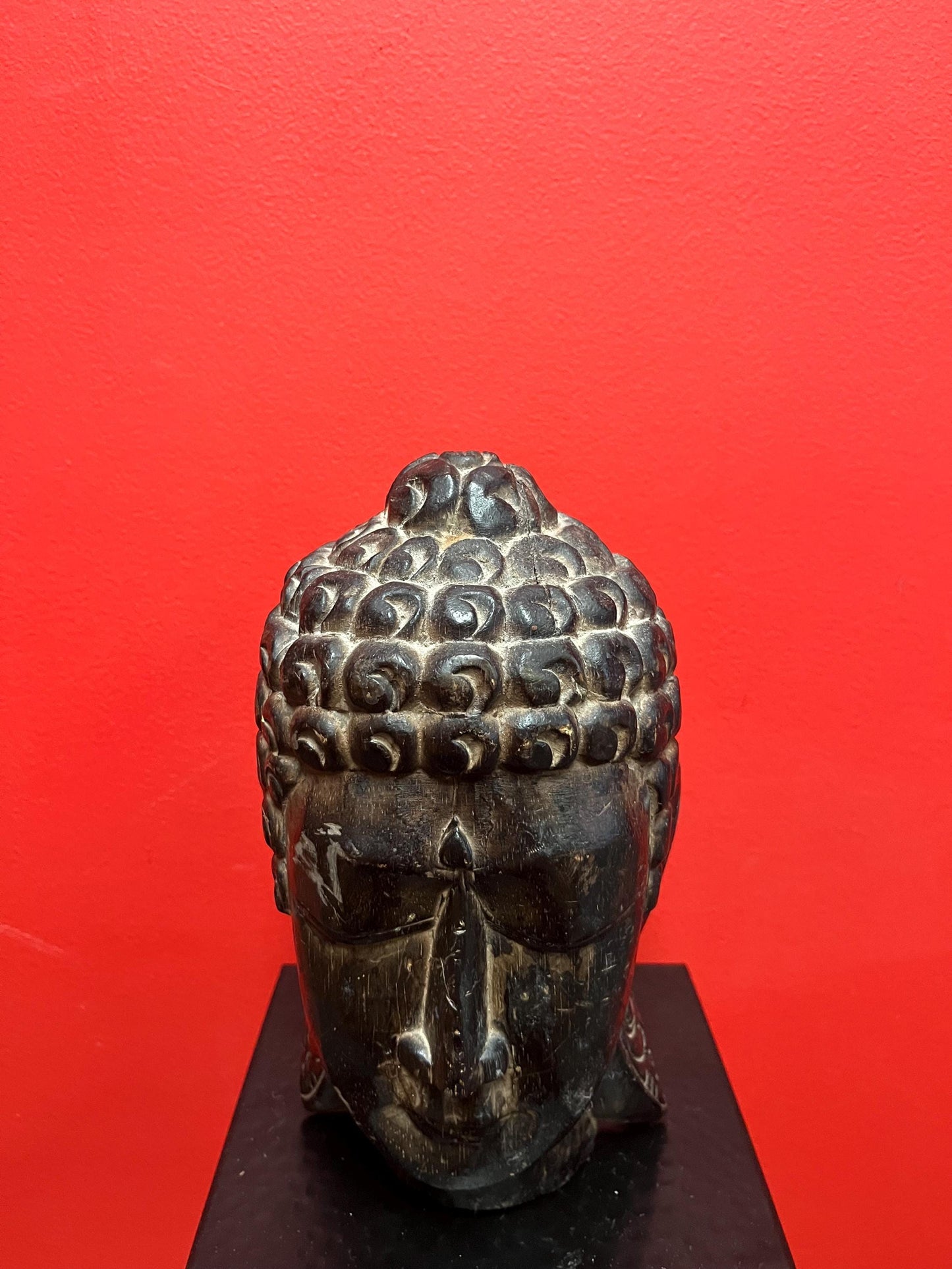 Beautiful Asian wooden 10 inch high Buddha head with serene facial look   nice quality and great value  perfect gift - 640 g