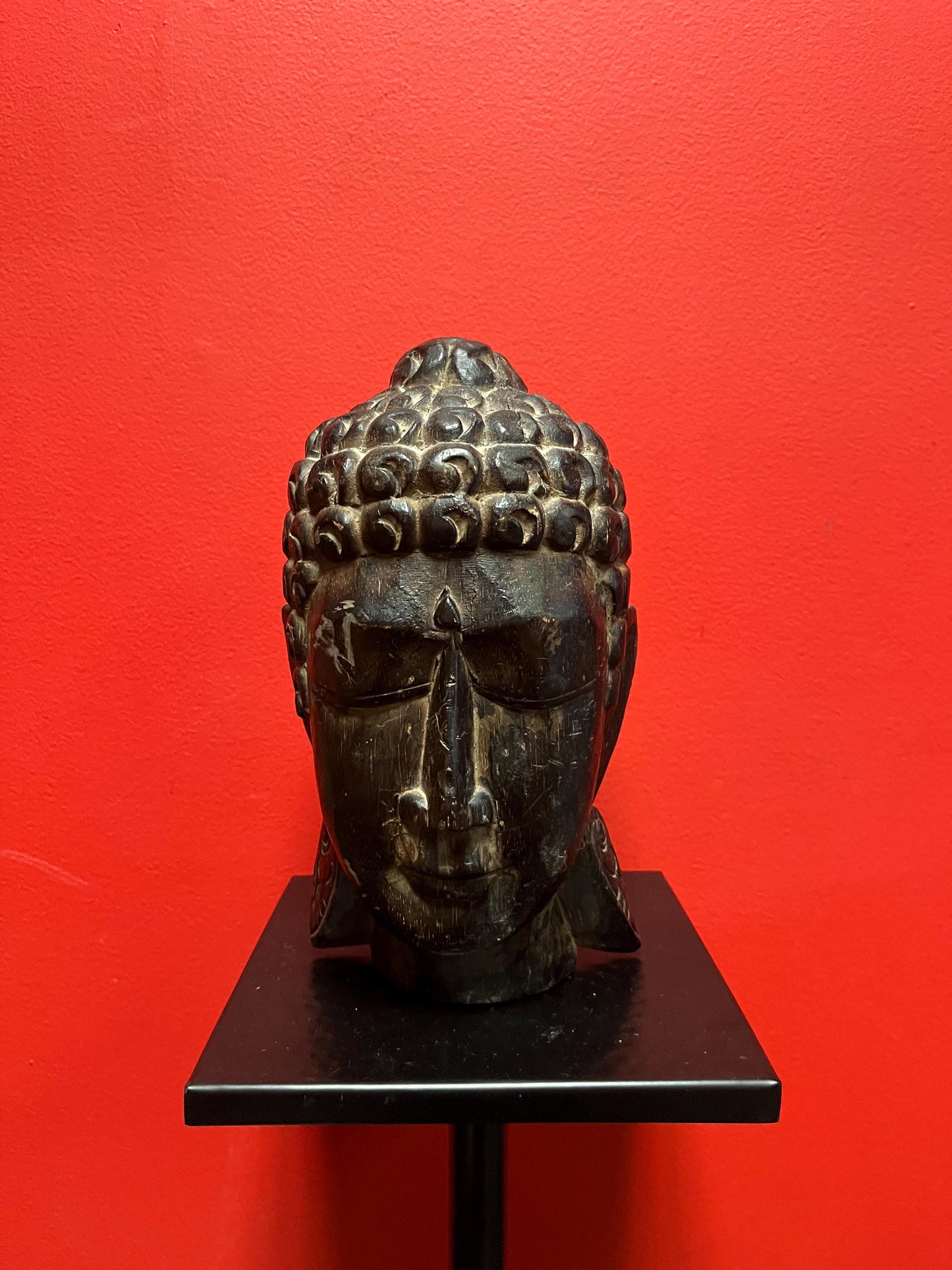 Beautiful Asian wooden 10 inch high Buddha head with serene facial look   nice quality and great value  perfect gift - 640 g