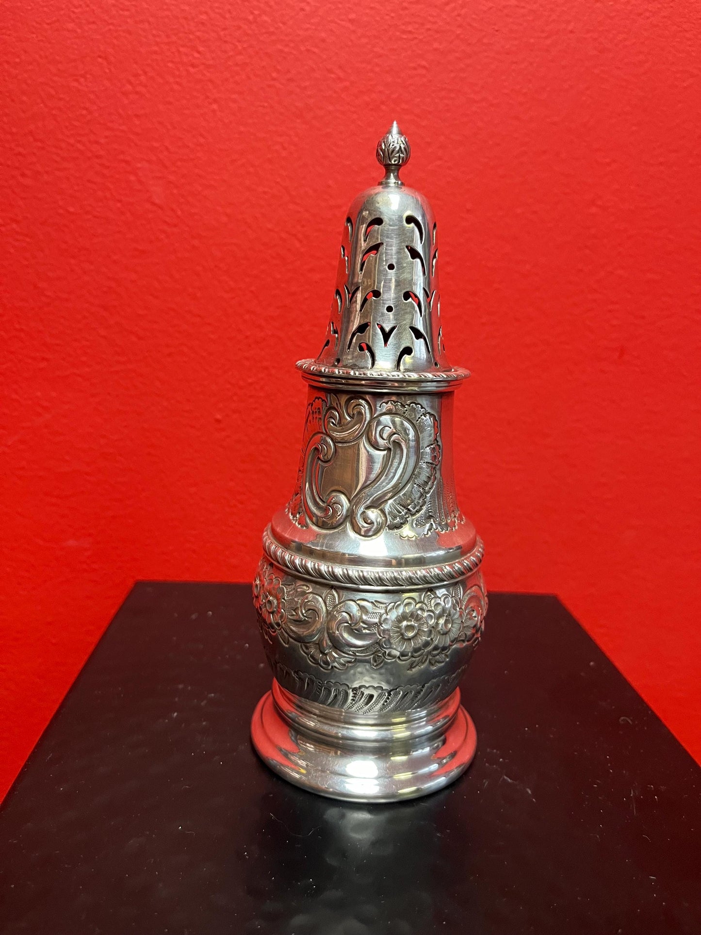 Beautiful English antique 7 inch tall sugar caster with heavy decoration  wonderful condition and ready to gift