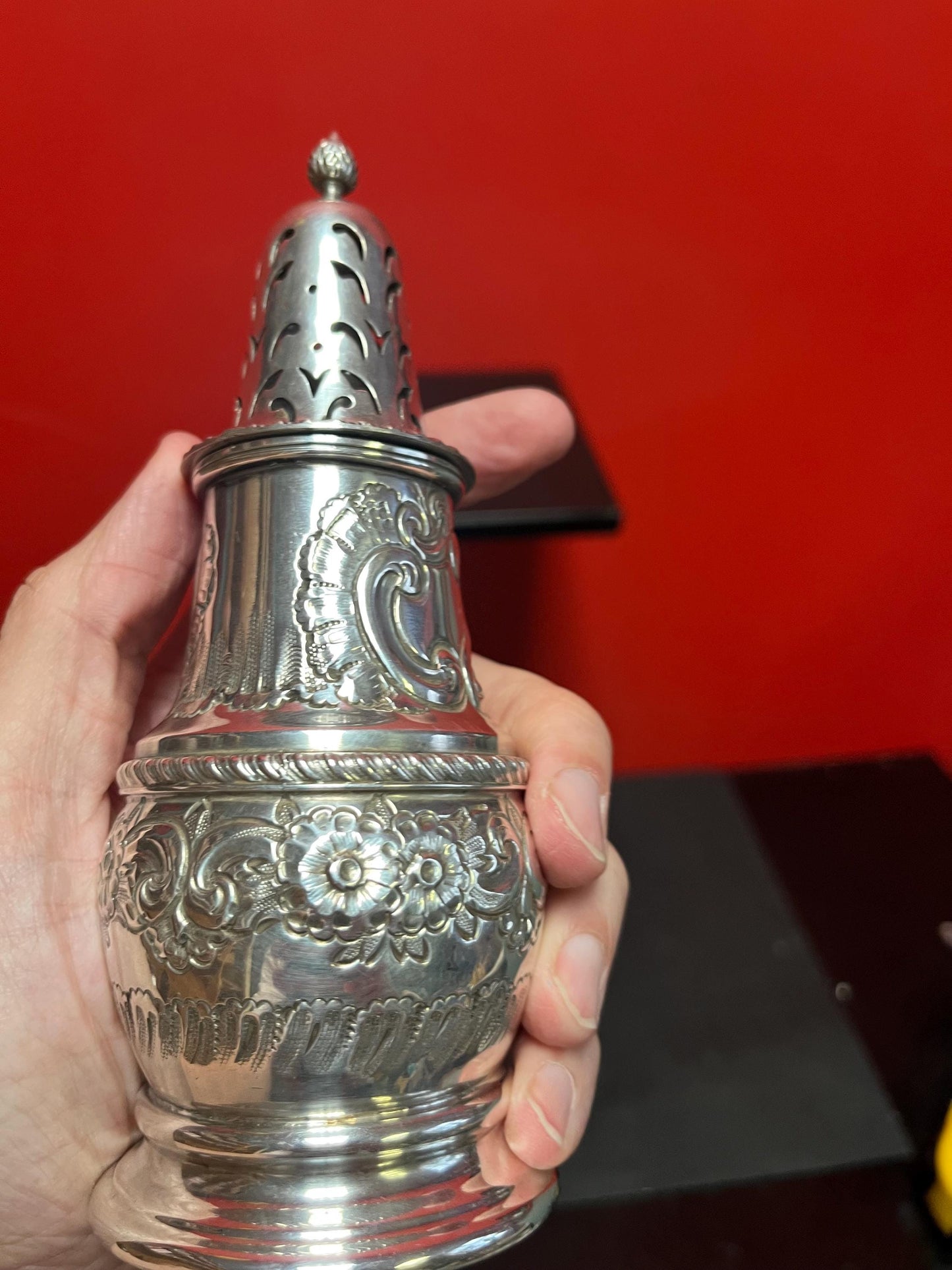 Beautiful English antique 7 inch tall sugar caster with heavy decoration  wonderful condition and ready to gift